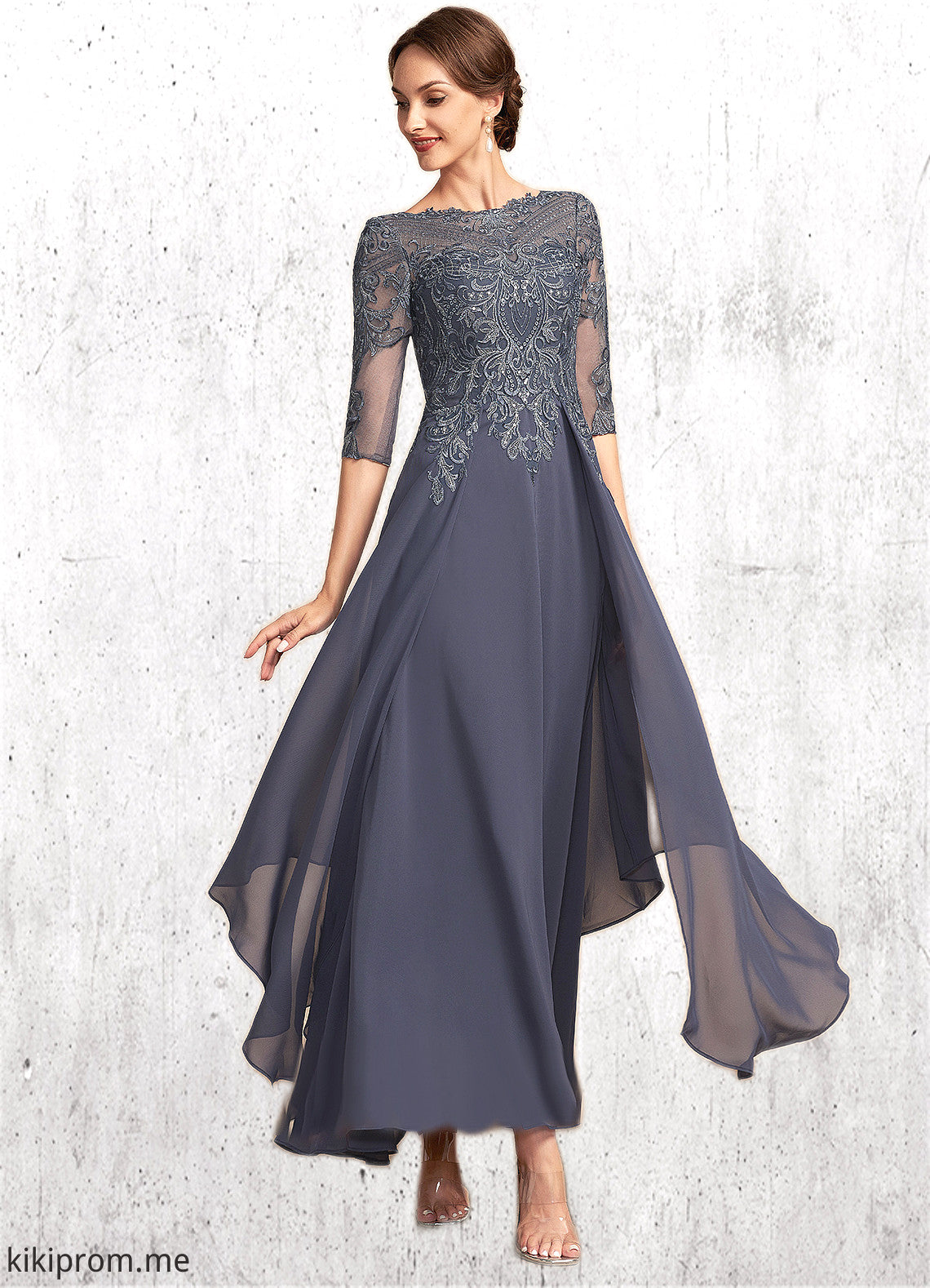 Journey A-Line Scoop Neck Ankle-Length Chiffon Lace Mother of the Bride Dress With Cascading Ruffles STF126P0014698