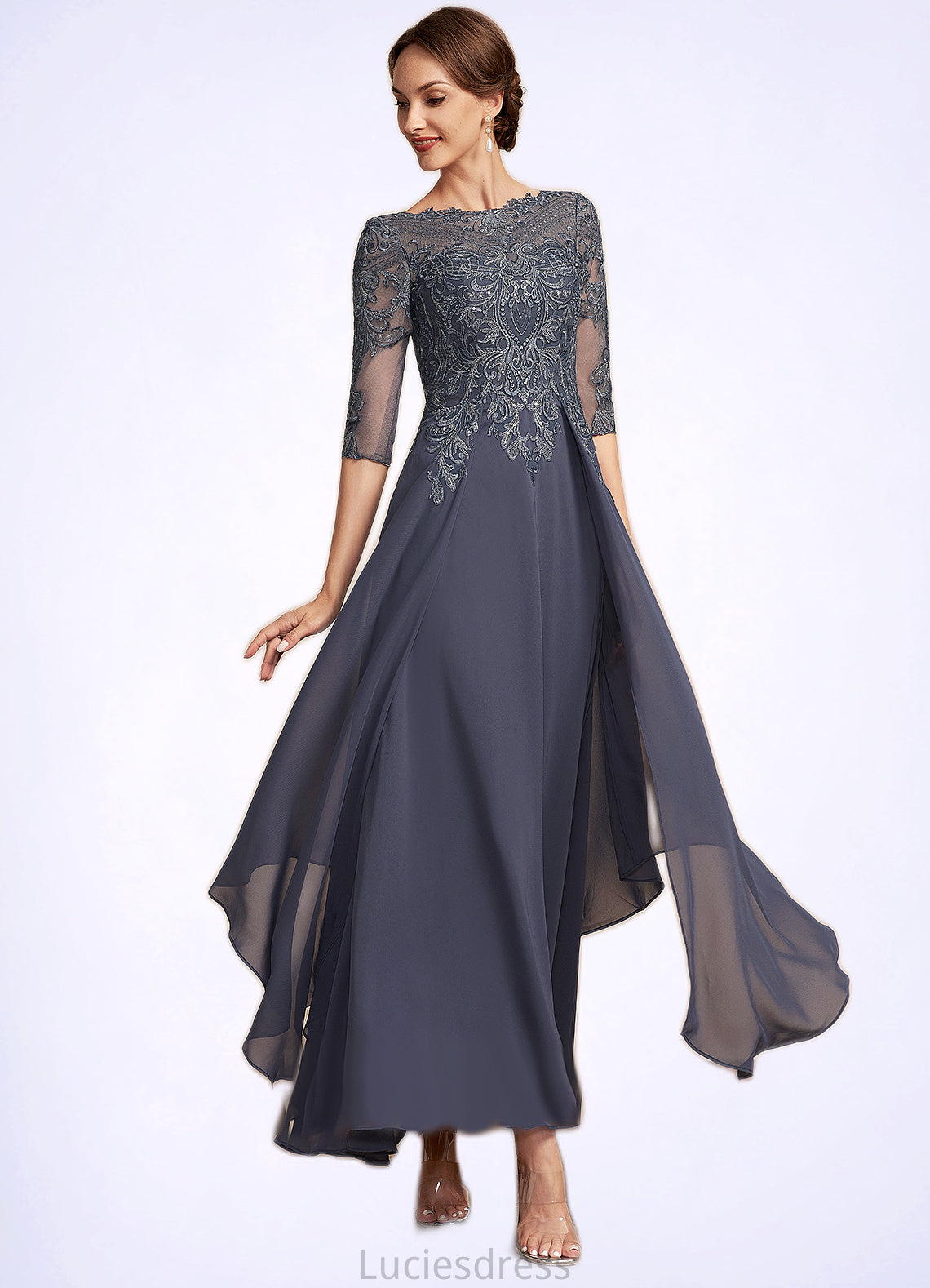 Isabella A-Line Scoop Neck Ankle-Length Chiffon Lace Mother of the Bride Dress With Cascading Ruffles HF126P0014698