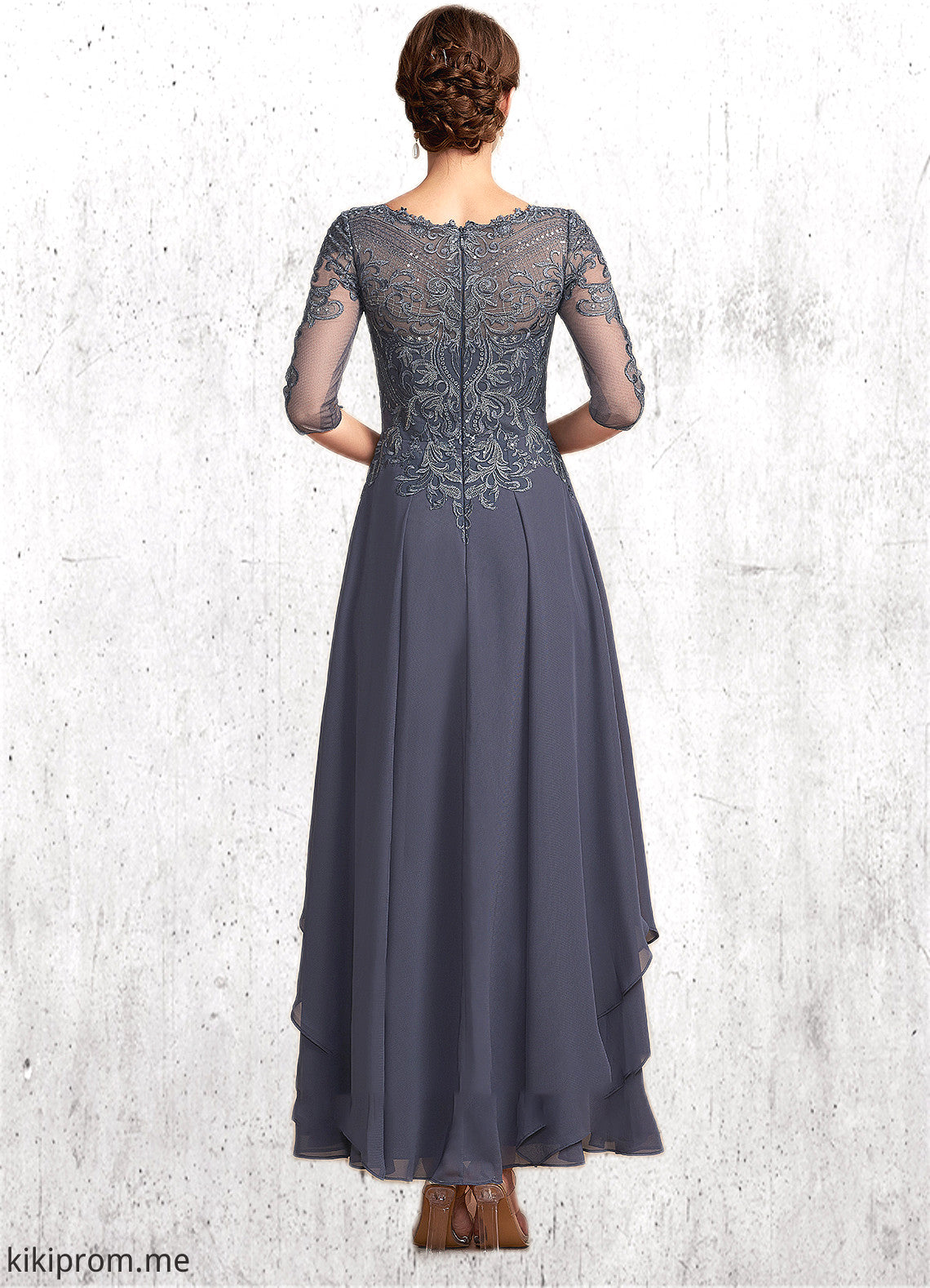 Journey A-Line Scoop Neck Ankle-Length Chiffon Lace Mother of the Bride Dress With Cascading Ruffles STF126P0014698