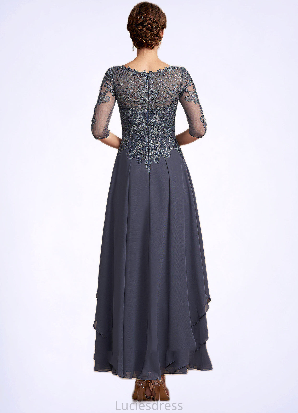 Isabella A-Line Scoop Neck Ankle-Length Chiffon Lace Mother of the Bride Dress With Cascading Ruffles HF126P0014698