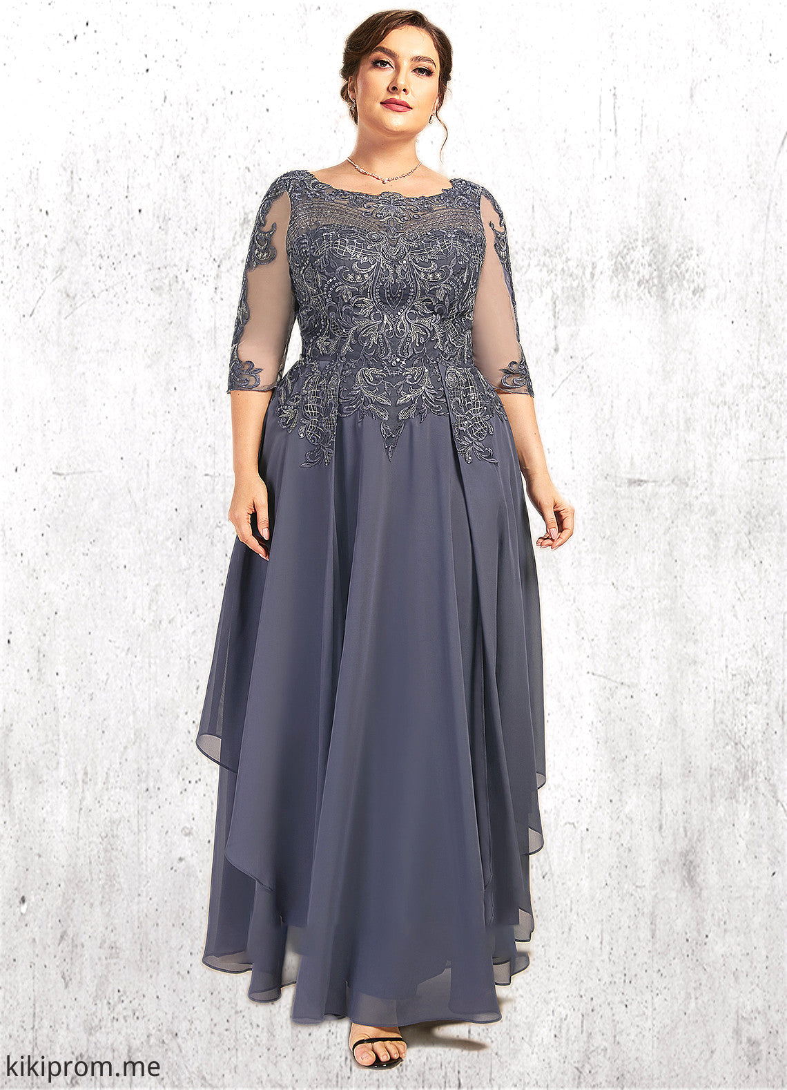 Journey A-Line Scoop Neck Ankle-Length Chiffon Lace Mother of the Bride Dress With Cascading Ruffles STF126P0014698