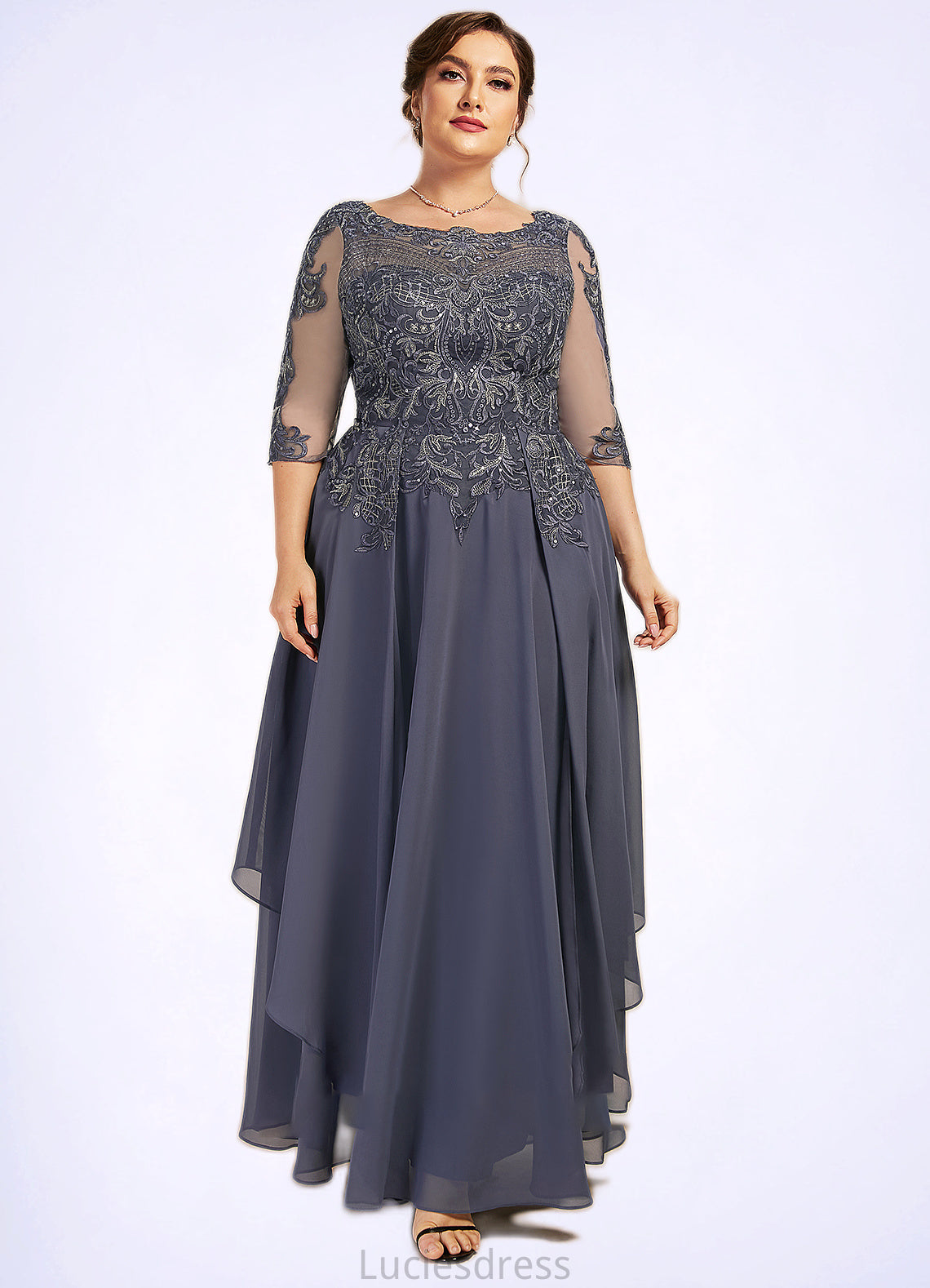 Isabella A-Line Scoop Neck Ankle-Length Chiffon Lace Mother of the Bride Dress With Cascading Ruffles HF126P0014698