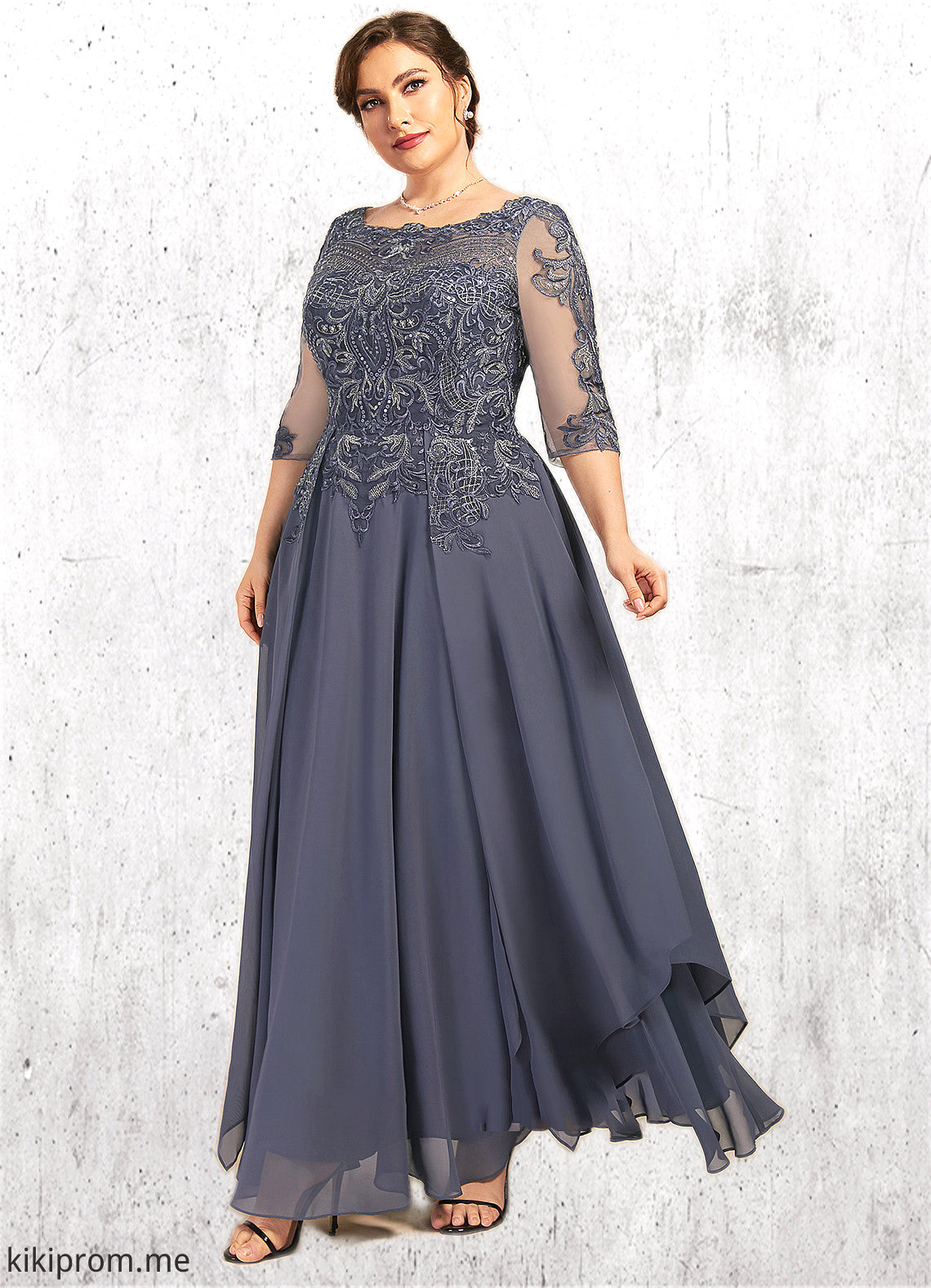 Journey A-Line Scoop Neck Ankle-Length Chiffon Lace Mother of the Bride Dress With Cascading Ruffles STF126P0014698