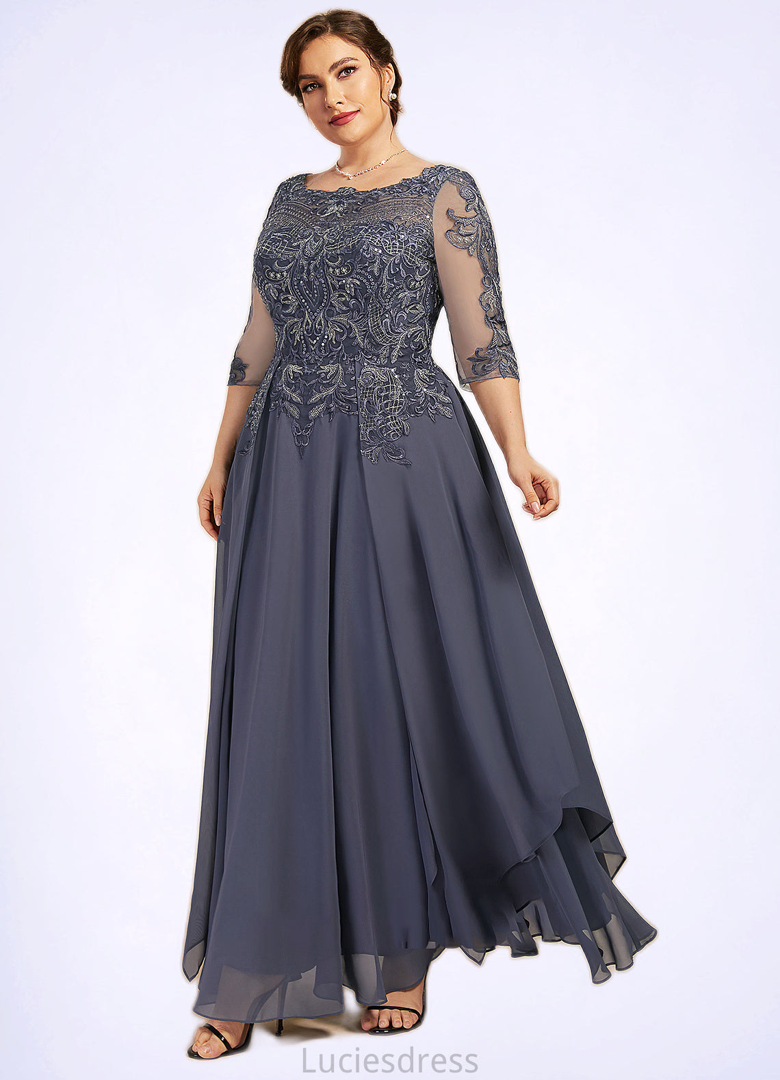 Isabella A-Line Scoop Neck Ankle-Length Chiffon Lace Mother of the Bride Dress With Cascading Ruffles HF126P0014698