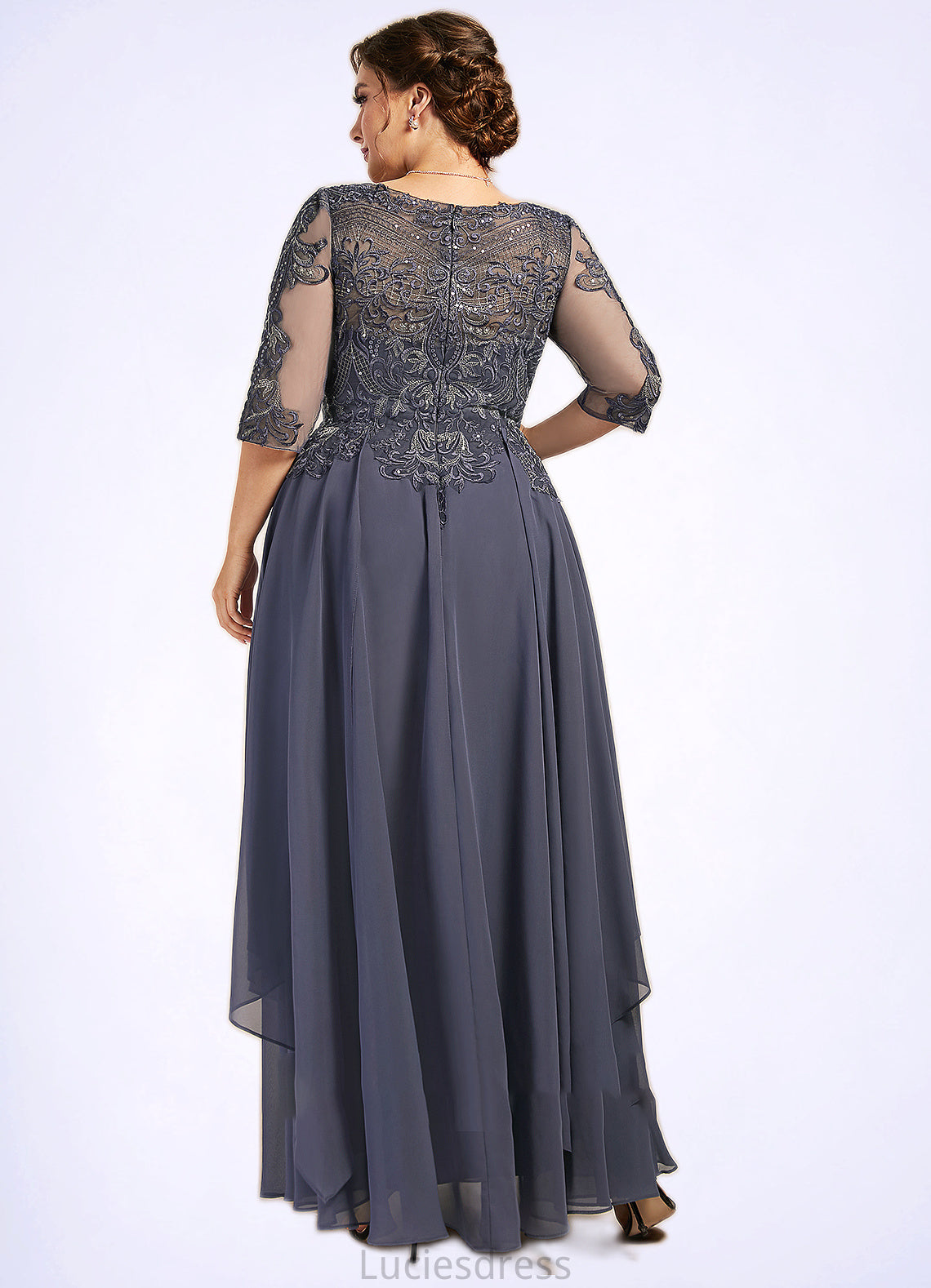 Isabella A-Line Scoop Neck Ankle-Length Chiffon Lace Mother of the Bride Dress With Cascading Ruffles HF126P0014698