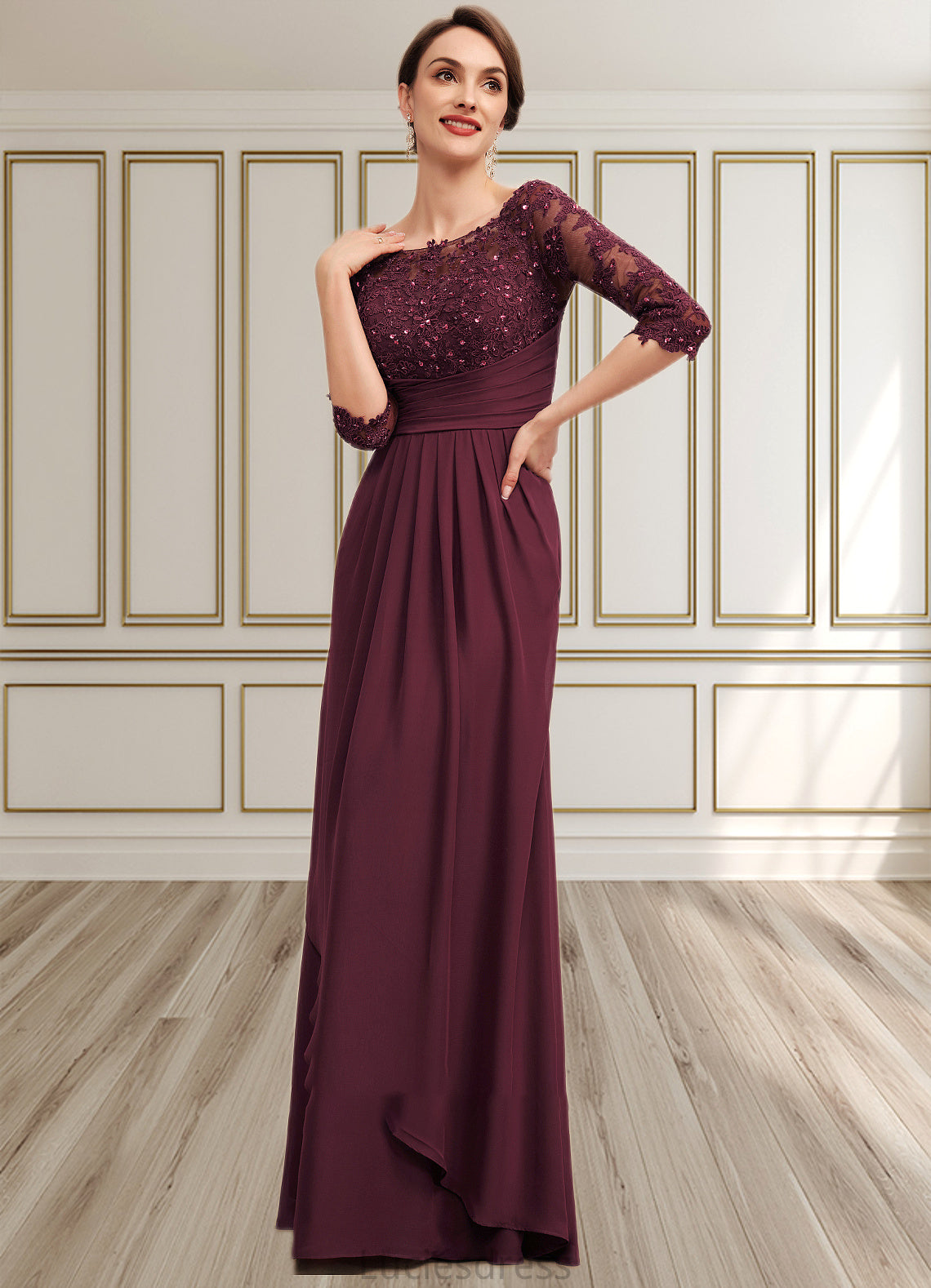 Angel A-Line Off-the-Shoulder Floor-Length Chiffon Lace Mother of the Bride Dress With Beading Sequins Cascading Ruffles HF126P0014700