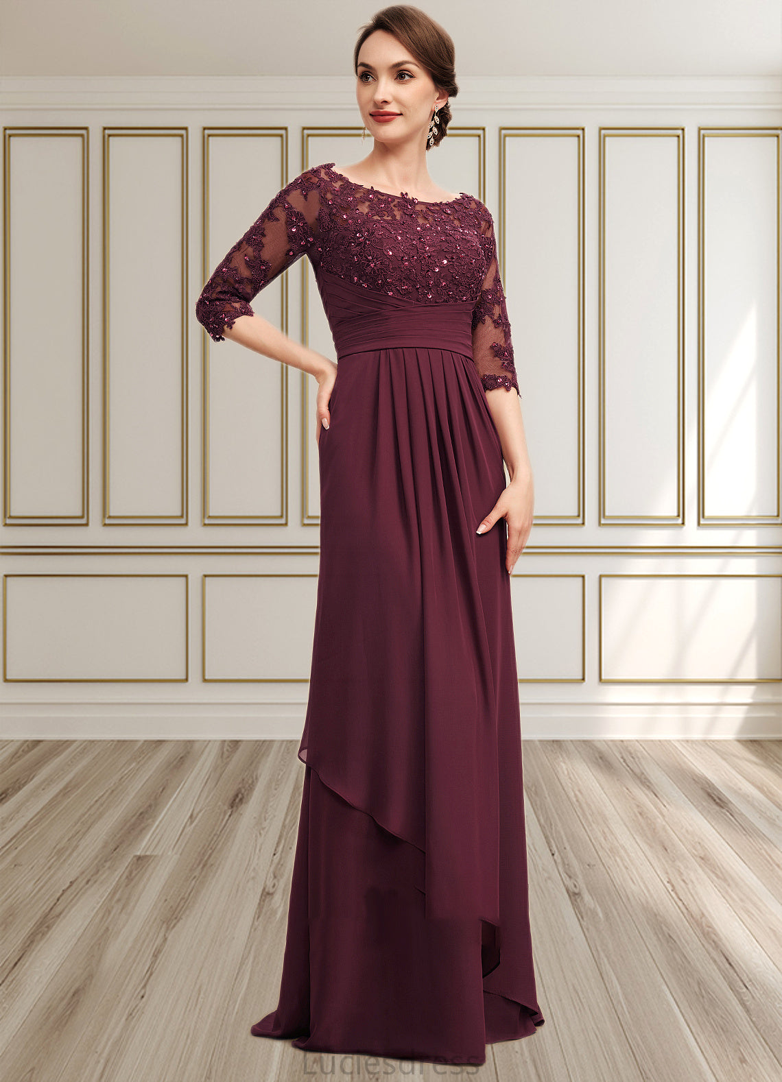 Angel A-Line Off-the-Shoulder Floor-Length Chiffon Lace Mother of the Bride Dress With Beading Sequins Cascading Ruffles HF126P0014700