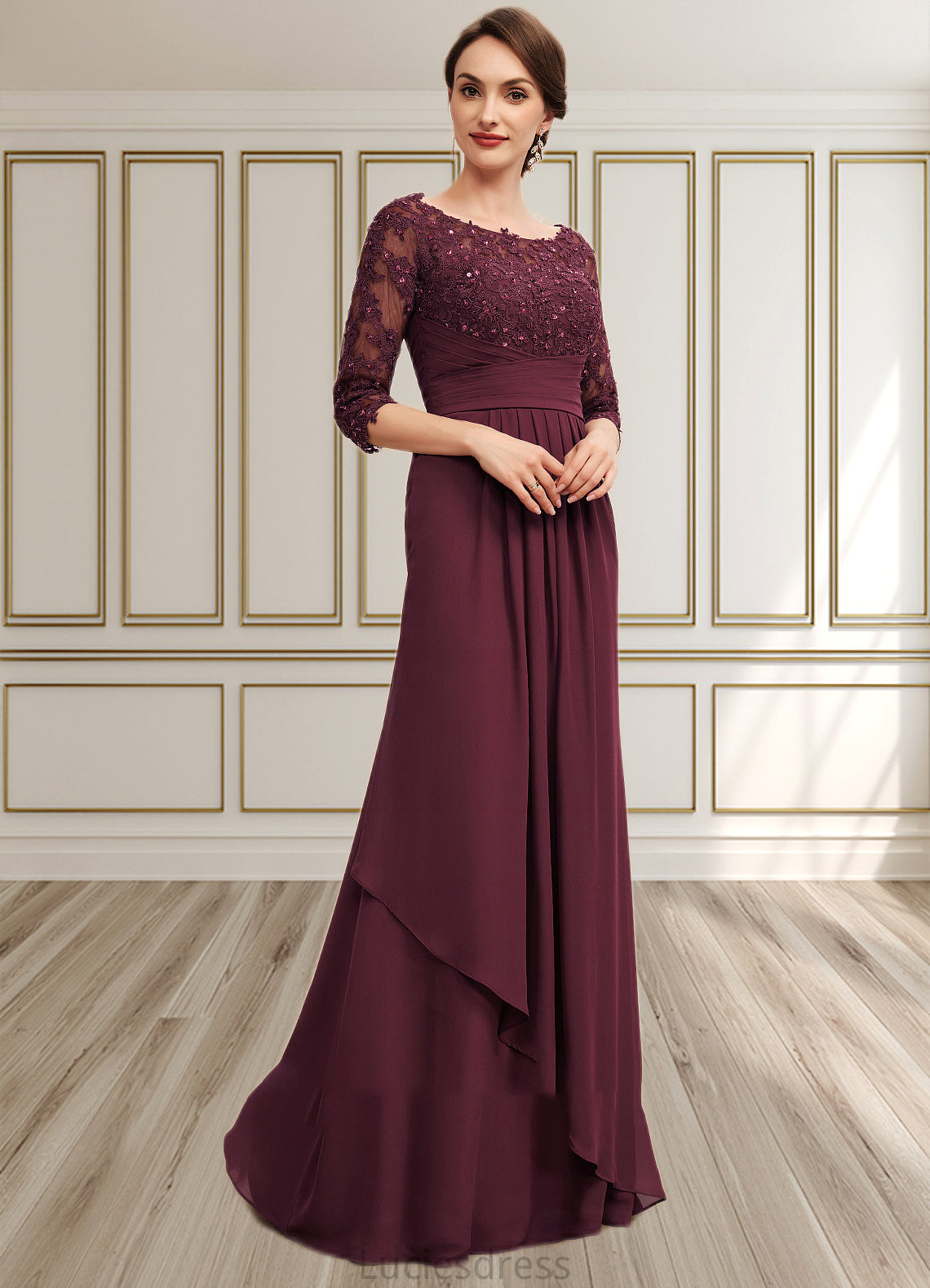 Angel A-Line Off-the-Shoulder Floor-Length Chiffon Lace Mother of the Bride Dress With Beading Sequins Cascading Ruffles HF126P0014700