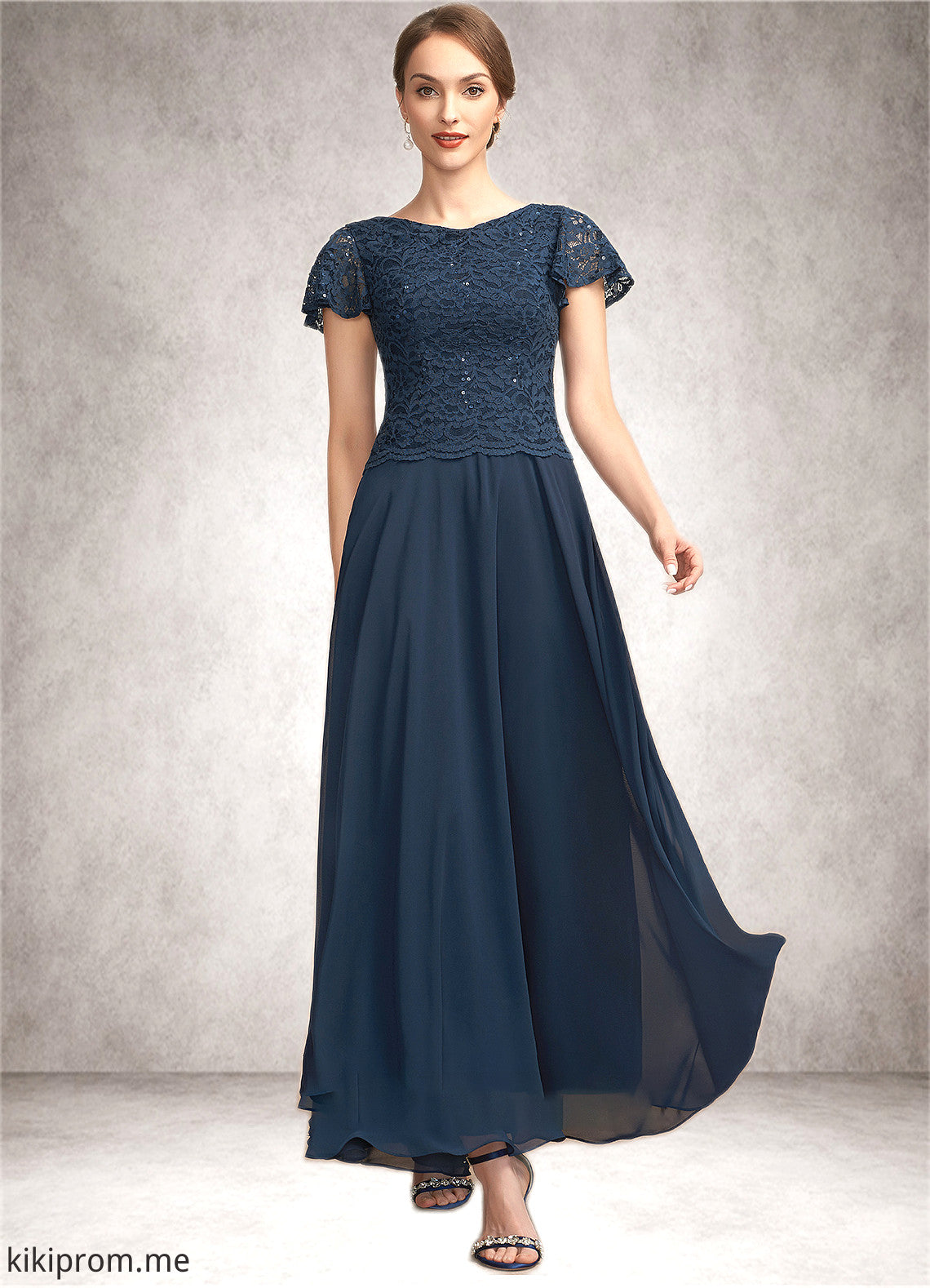 Addyson A-Line Scoop Neck Ankle-Length Chiffon Lace Mother of the Bride Dress With Sequins STF126P0014701