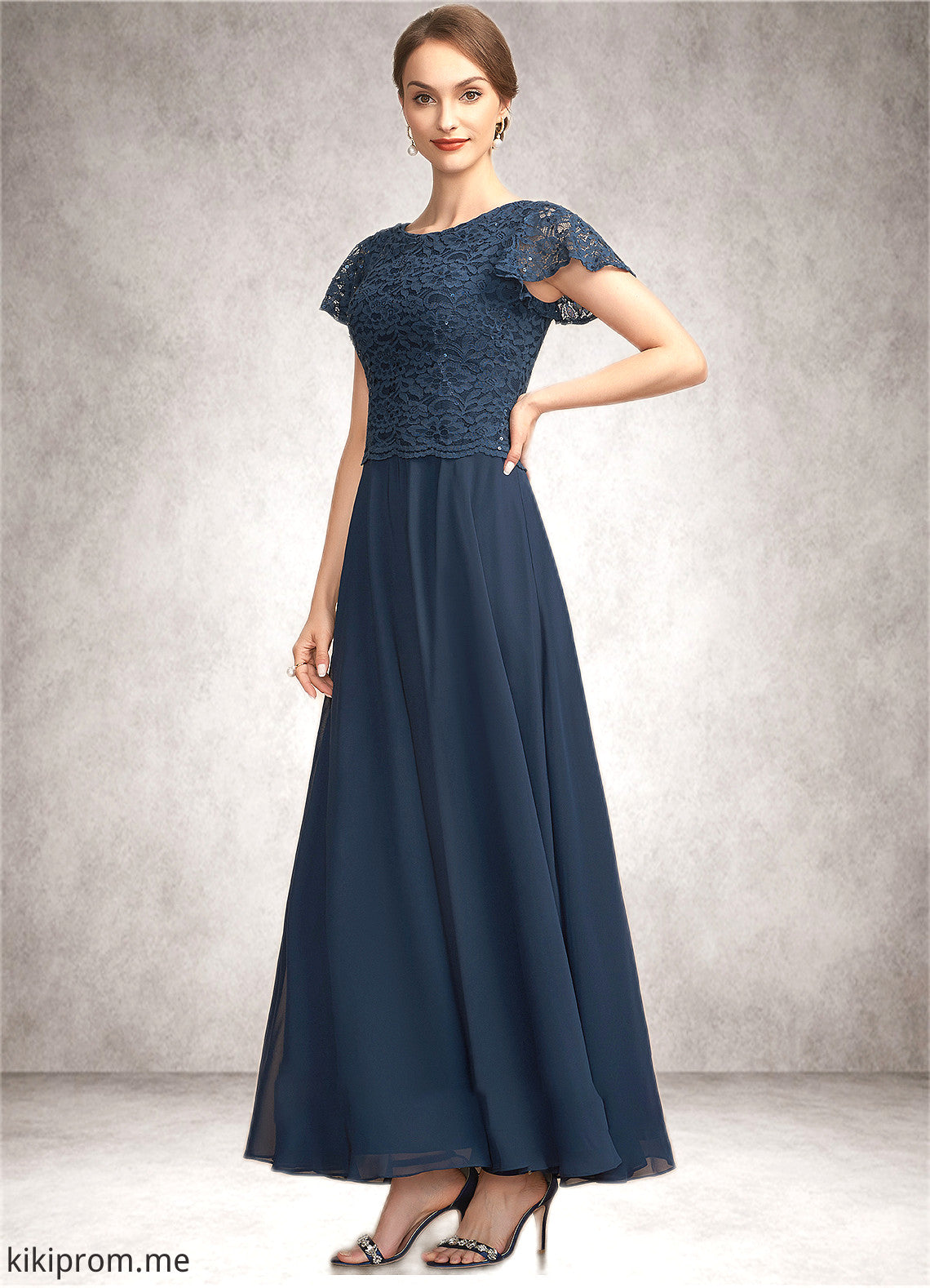 Addyson A-Line Scoop Neck Ankle-Length Chiffon Lace Mother of the Bride Dress With Sequins STF126P0014701