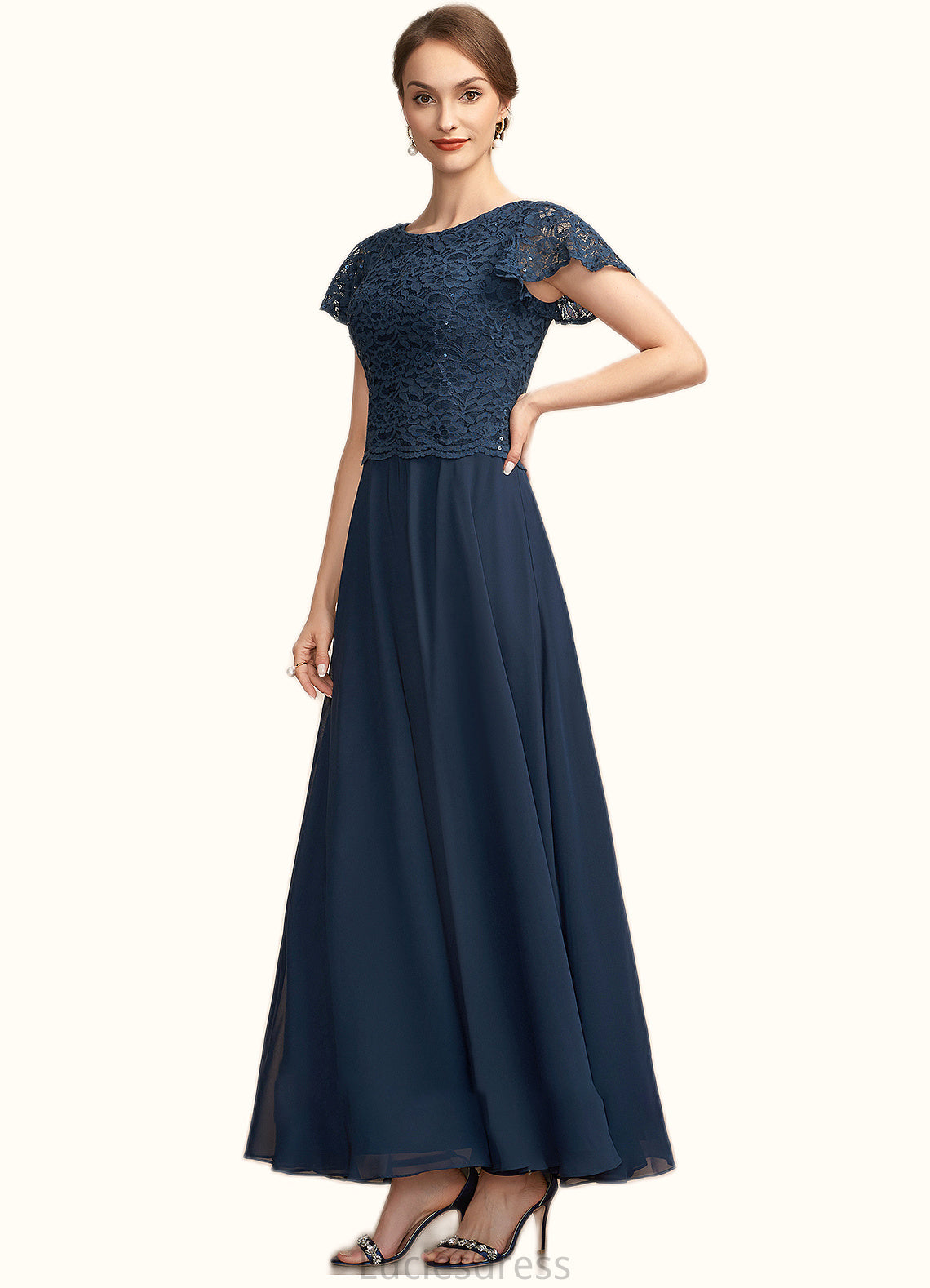 Jess A-Line Scoop Neck Ankle-Length Chiffon Lace Mother of the Bride Dress With Sequins HF126P0014701