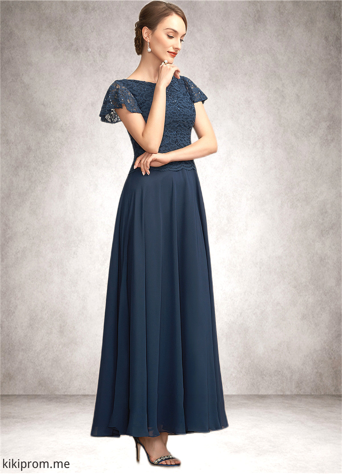 Addyson A-Line Scoop Neck Ankle-Length Chiffon Lace Mother of the Bride Dress With Sequins STF126P0014701