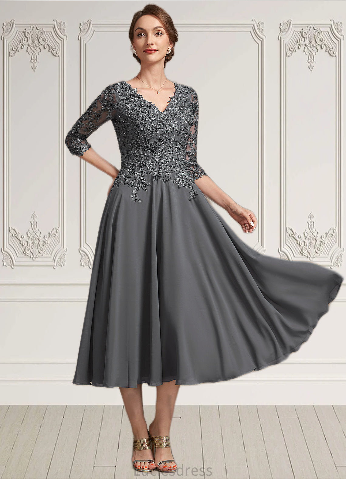 Camryn A-line V-Neck Tea-Length Chiffon Lace Mother of the Bride Dress With Beading Sequins HF126P0014702