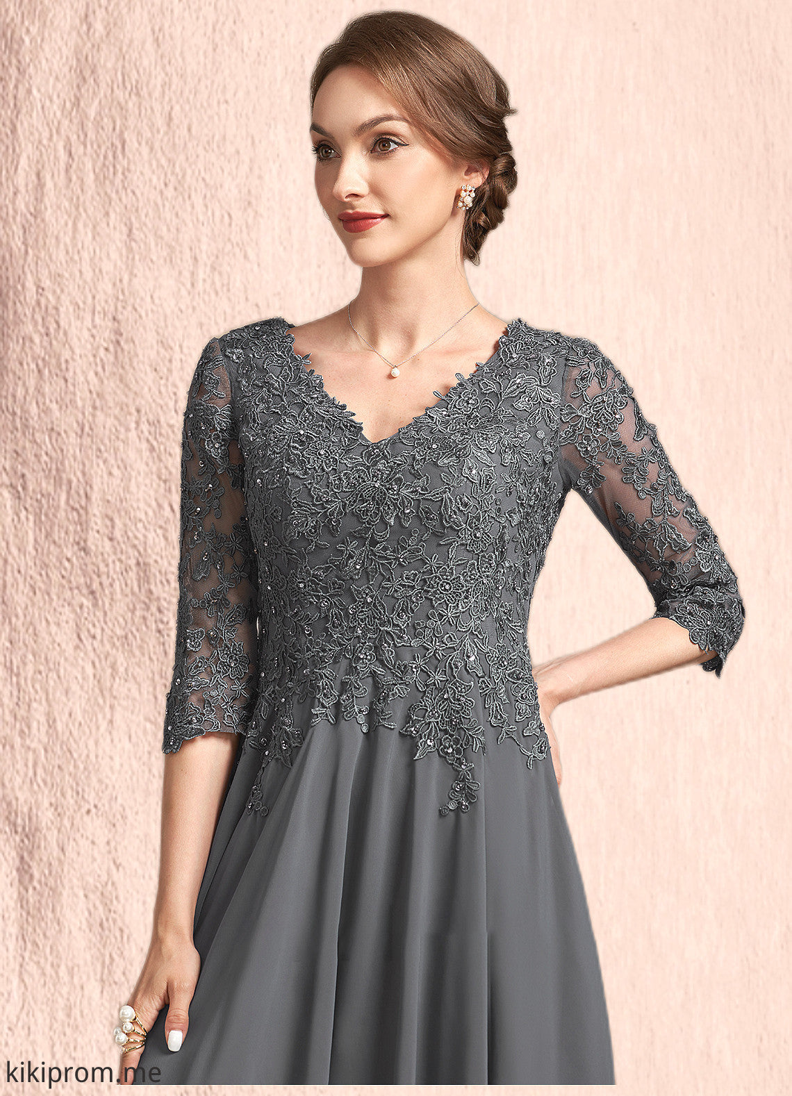 Miracle A-line V-Neck Tea-Length Chiffon Lace Mother of the Bride Dress With Beading Sequins STF126P0014702