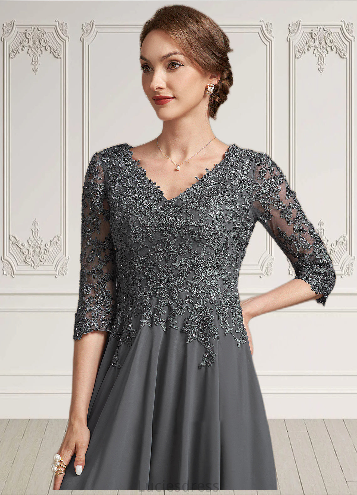 Camryn A-line V-Neck Tea-Length Chiffon Lace Mother of the Bride Dress With Beading Sequins HF126P0014702