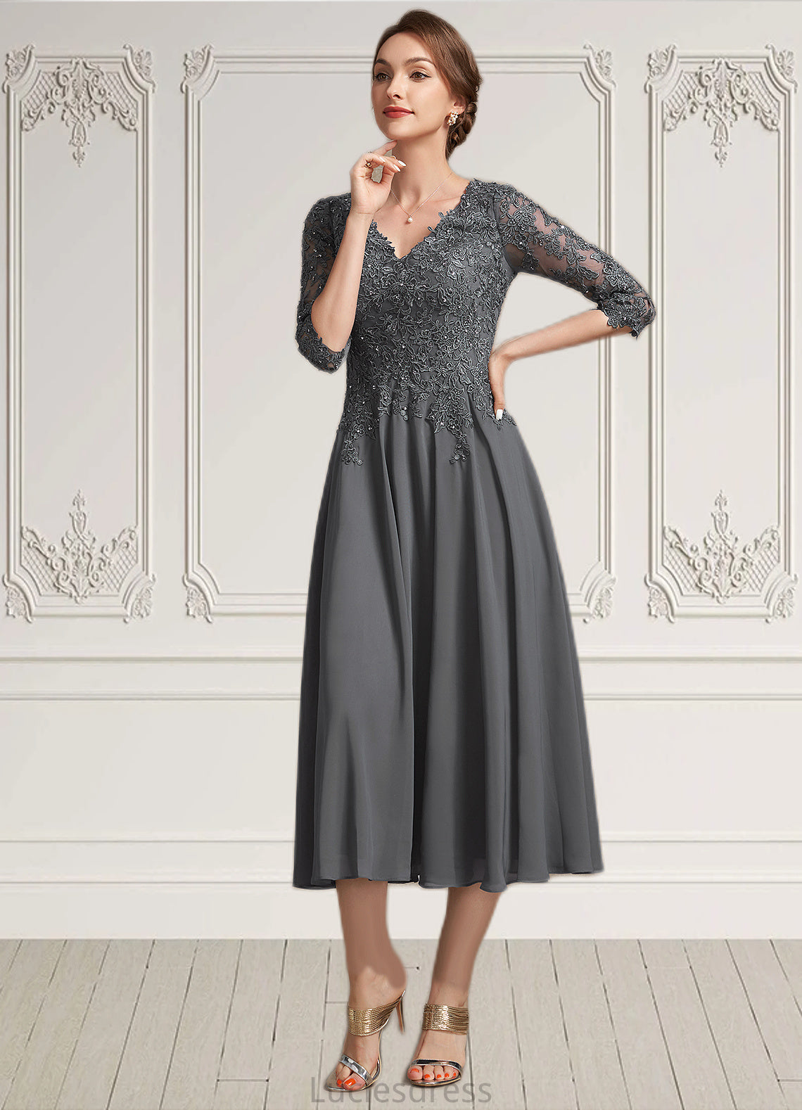 Camryn A-line V-Neck Tea-Length Chiffon Lace Mother of the Bride Dress With Beading Sequins HF126P0014702