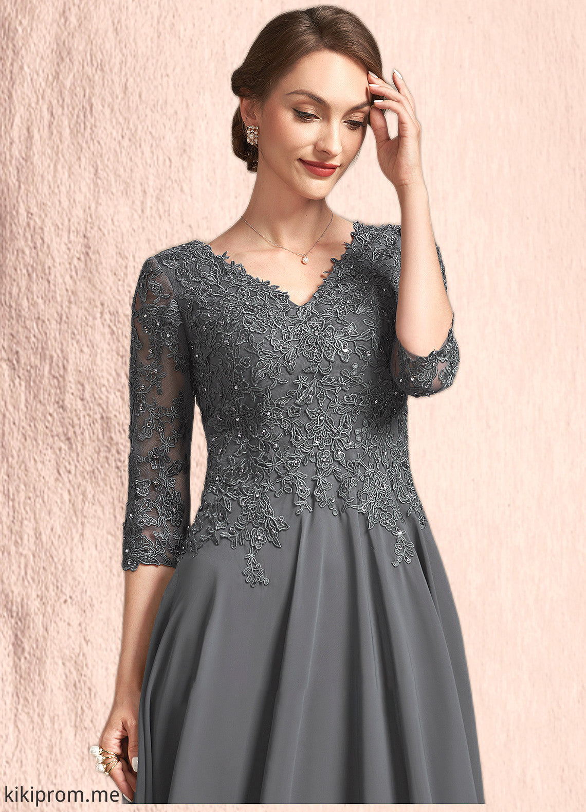 Miracle A-line V-Neck Tea-Length Chiffon Lace Mother of the Bride Dress With Beading Sequins STF126P0014702