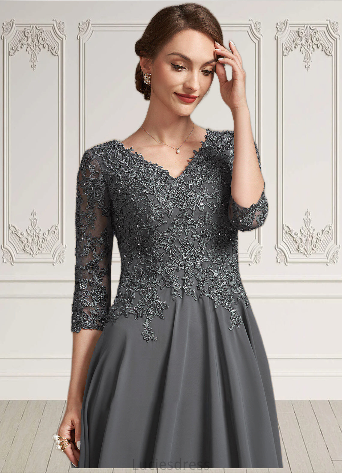 Camryn A-line V-Neck Tea-Length Chiffon Lace Mother of the Bride Dress With Beading Sequins HF126P0014702