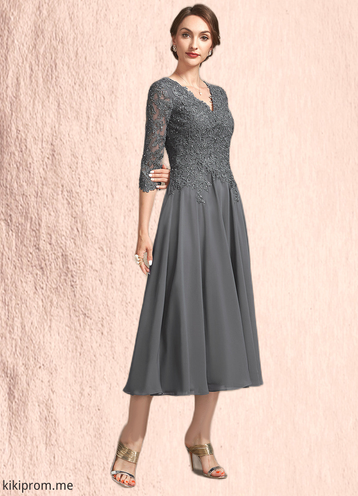 Miracle A-line V-Neck Tea-Length Chiffon Lace Mother of the Bride Dress With Beading Sequins STF126P0014702