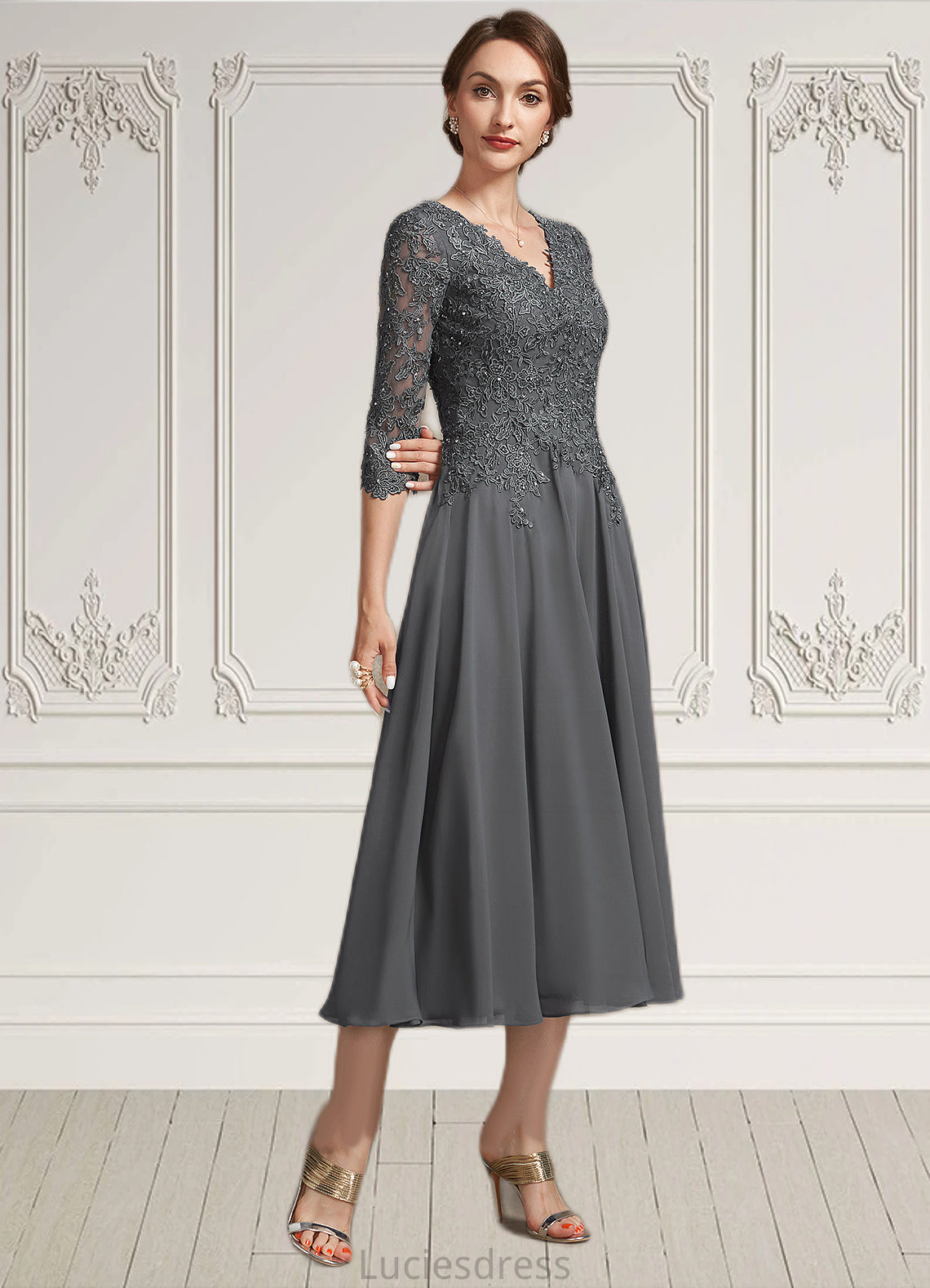 Camryn A-line V-Neck Tea-Length Chiffon Lace Mother of the Bride Dress With Beading Sequins HF126P0014702