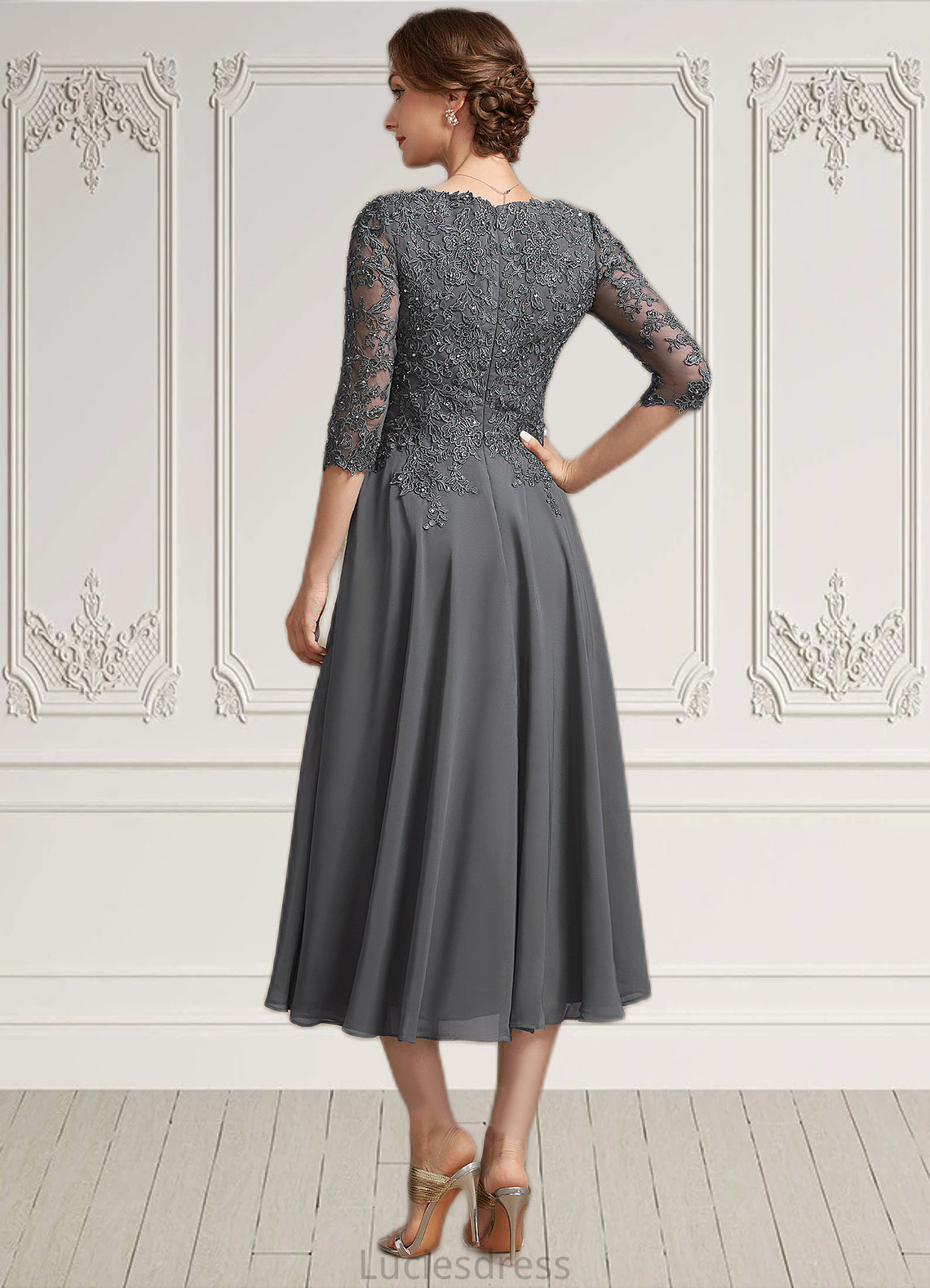 Camryn A-line V-Neck Tea-Length Chiffon Lace Mother of the Bride Dress With Beading Sequins HF126P0014702