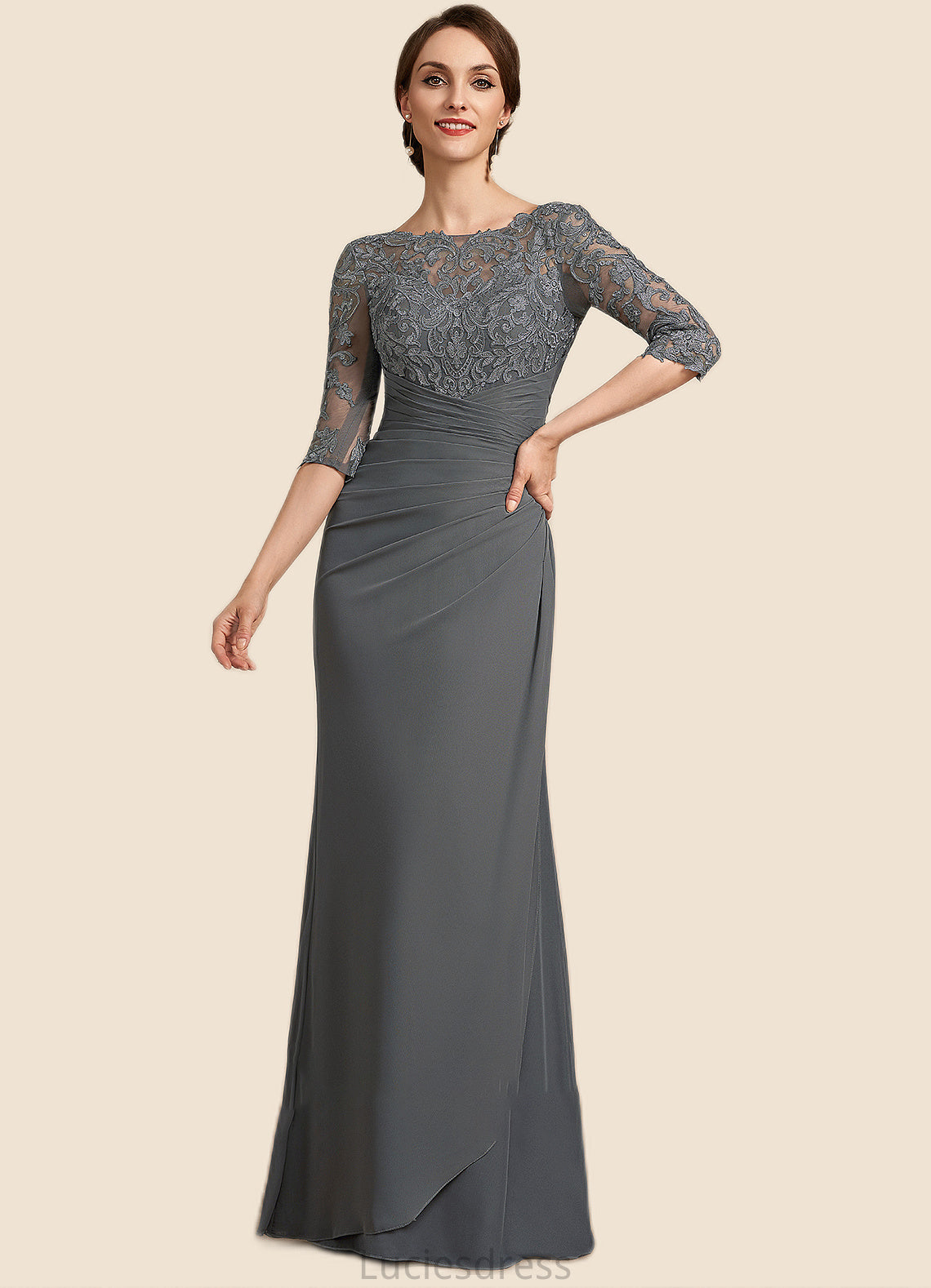 Ryan Sheath/Column Scoop Neck Floor-Length Chiffon Lace Mother of the Bride Dress With Ruffle HF126P0014703