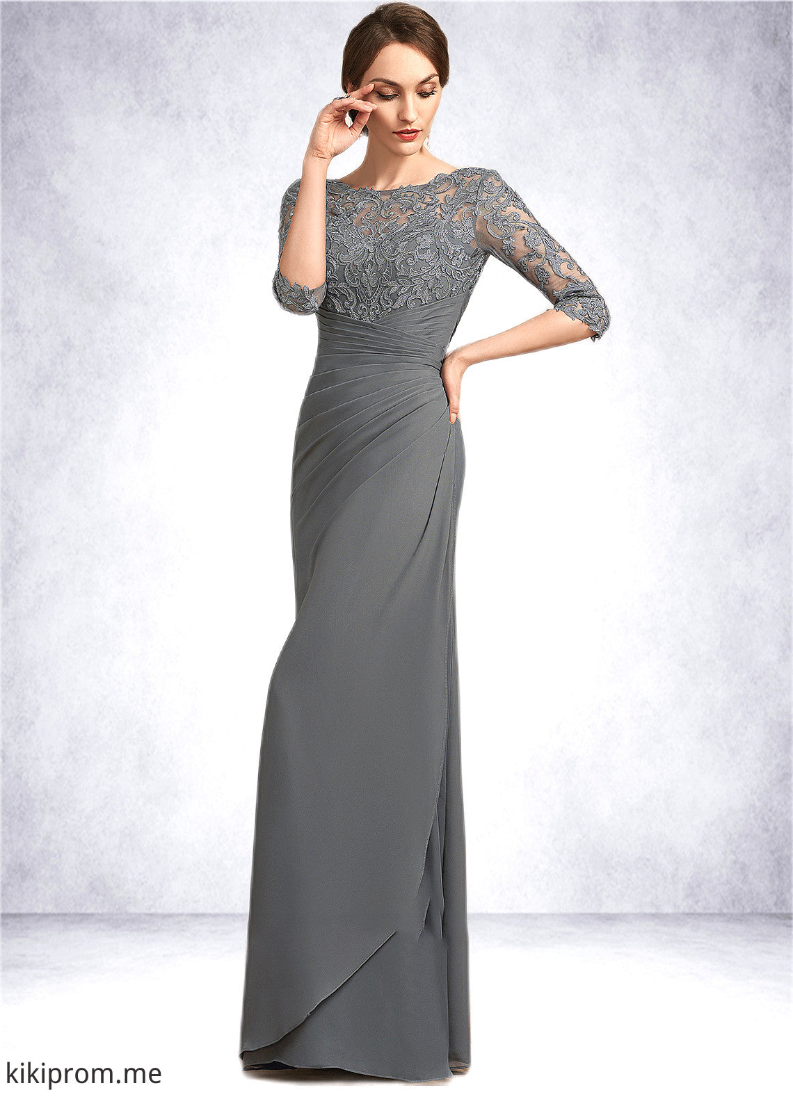 Crystal Sheath/Column Scoop Neck Floor-Length Chiffon Lace Mother of the Bride Dress With Ruffle STF126P0014703