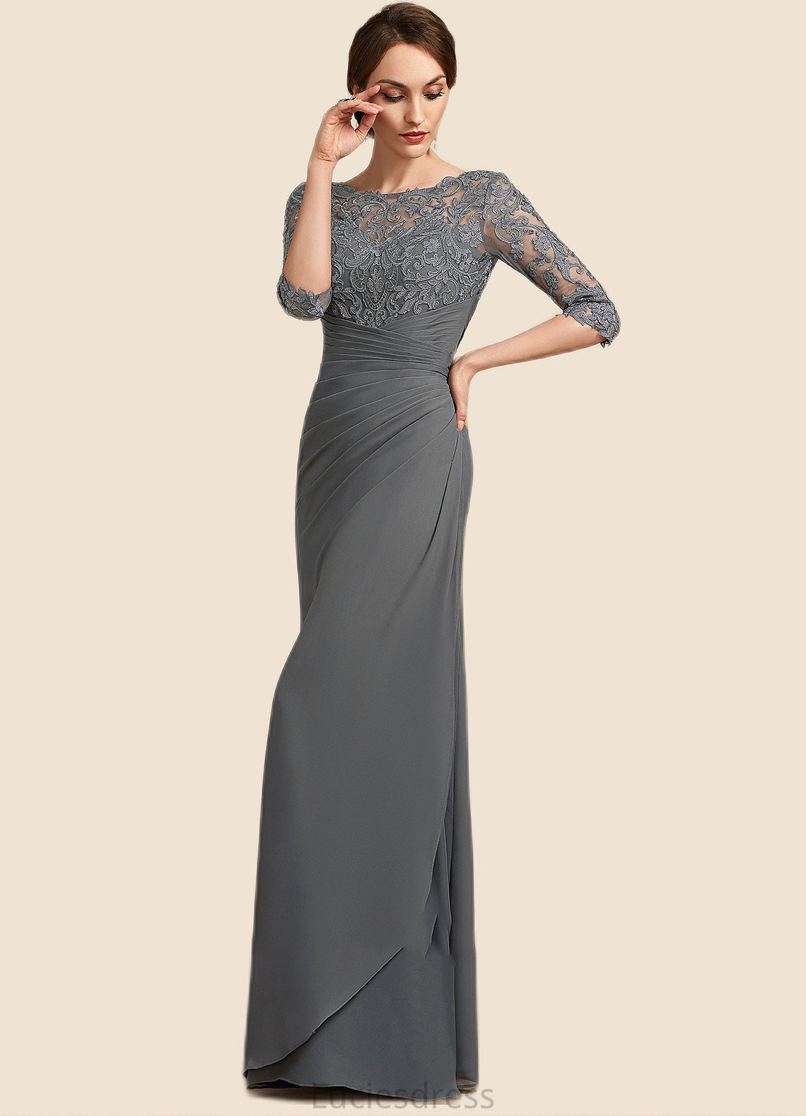 Ryan Sheath/Column Scoop Neck Floor-Length Chiffon Lace Mother of the Bride Dress With Ruffle HF126P0014703