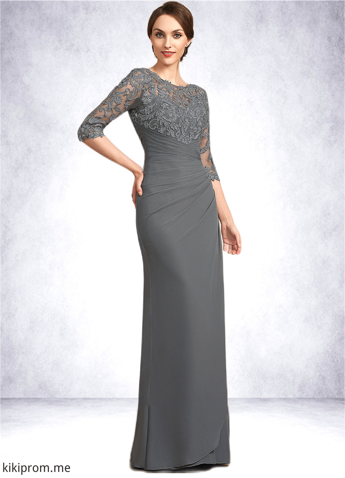 Crystal Sheath/Column Scoop Neck Floor-Length Chiffon Lace Mother of the Bride Dress With Ruffle STF126P0014703