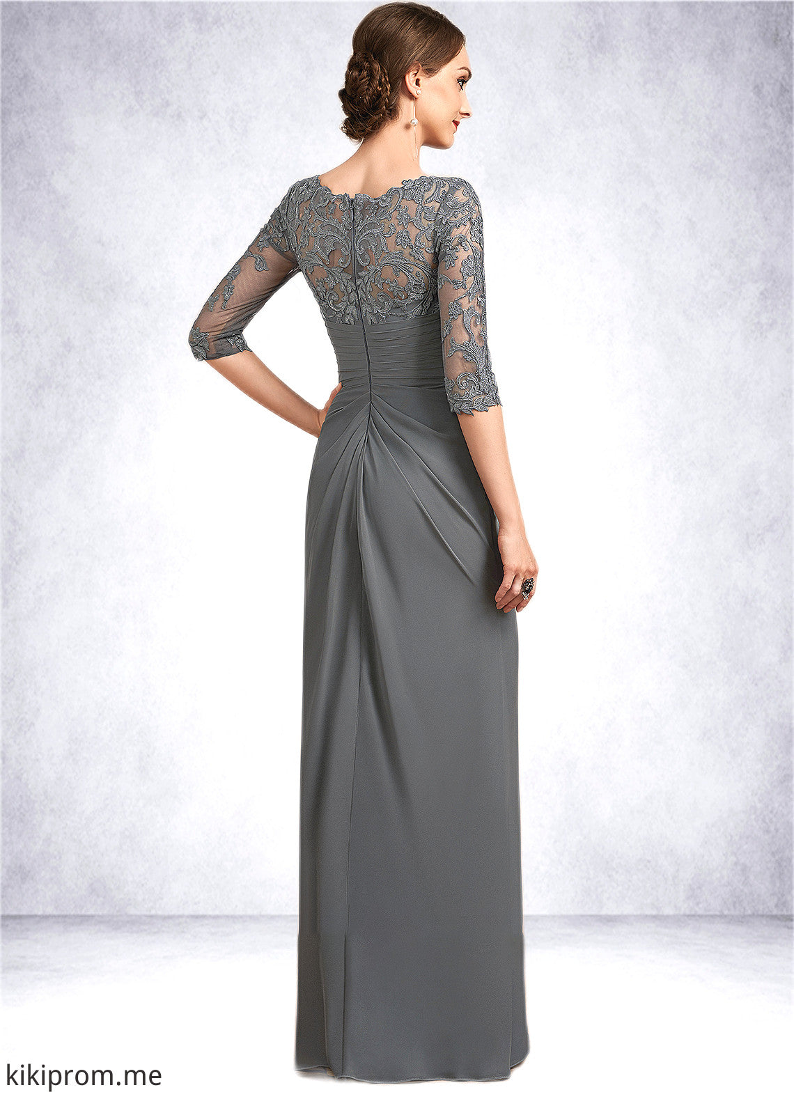 Crystal Sheath/Column Scoop Neck Floor-Length Chiffon Lace Mother of the Bride Dress With Ruffle STF126P0014703