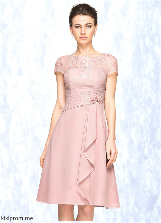 Aurora A-Line Scoop Neck Knee-Length Chiffon Lace Mother of the Bride Dress With Beading Flower(s) Sequins Cascading Ruffles STF126P0014704