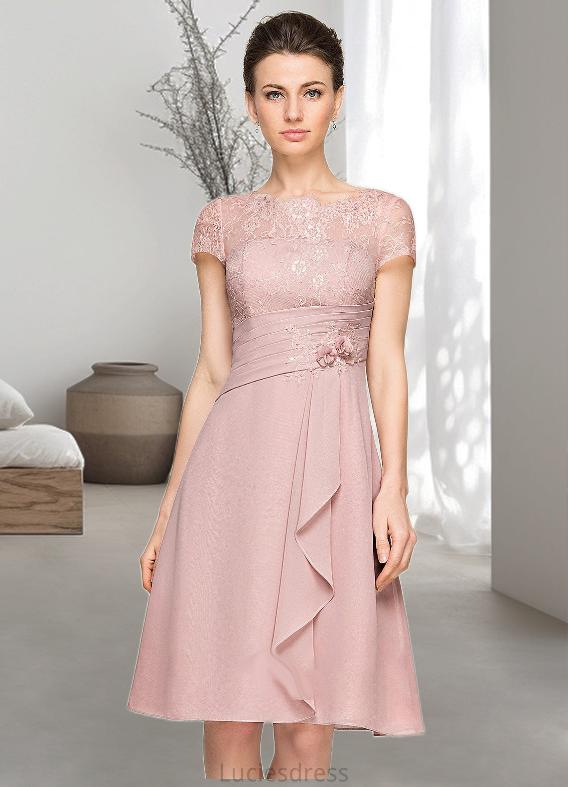 Skylar A-Line Scoop Neck Knee-Length Chiffon Lace Mother of the Bride Dress With Beading Flower(s) Sequins Cascading Ruffles HF126P0014704