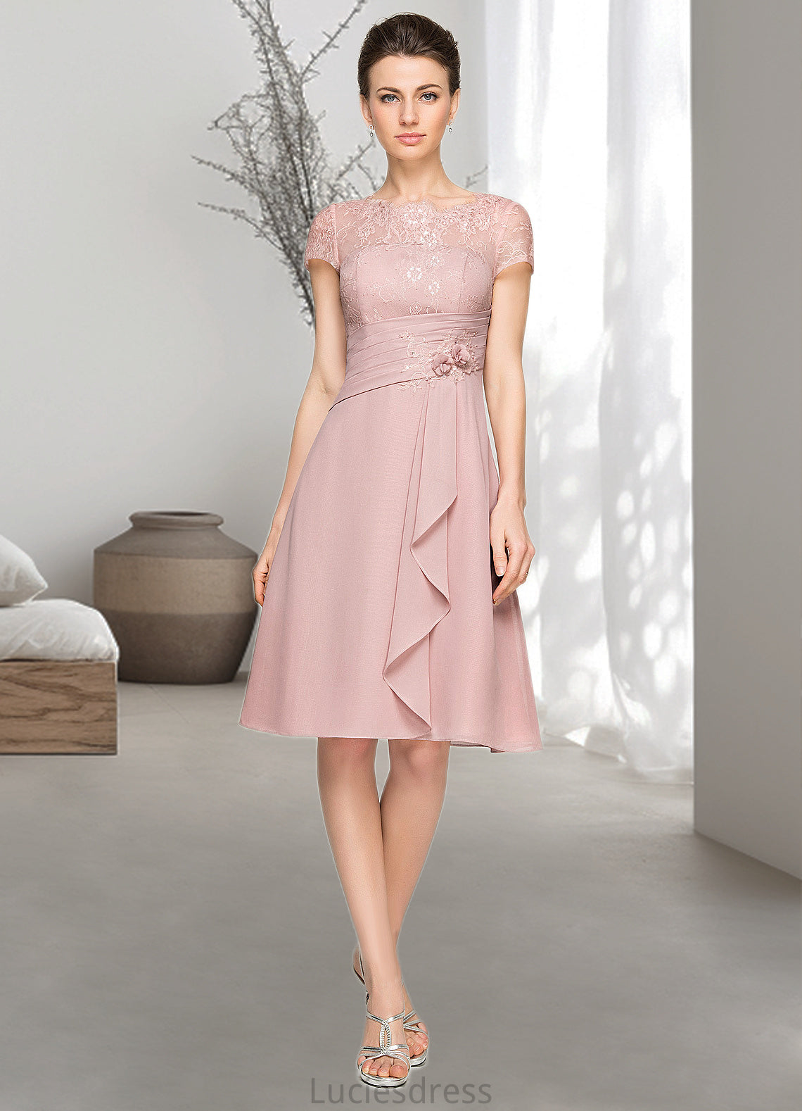 Skylar A-Line Scoop Neck Knee-Length Chiffon Lace Mother of the Bride Dress With Beading Flower(s) Sequins Cascading Ruffles HF126P0014704