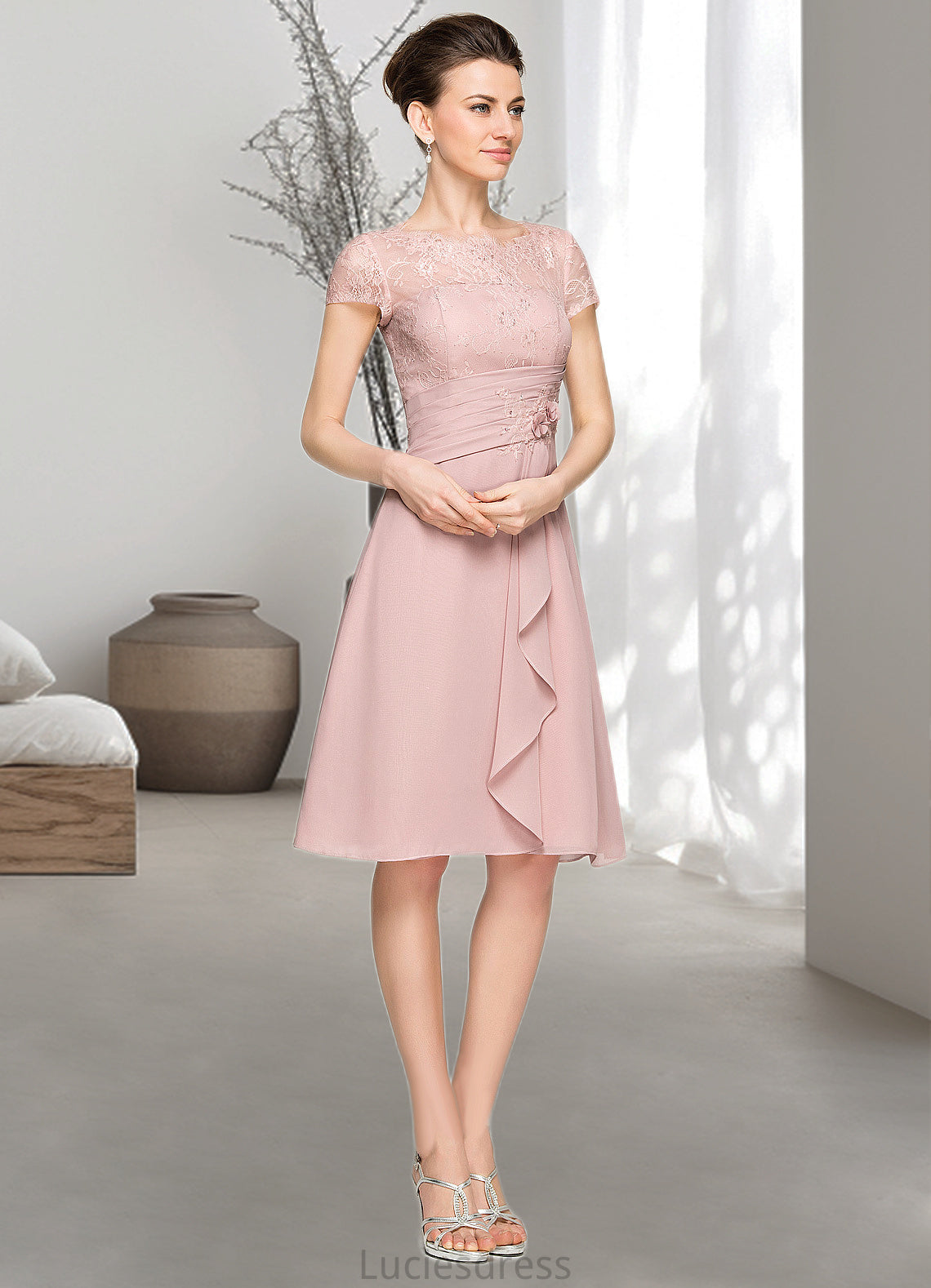 Skylar A-Line Scoop Neck Knee-Length Chiffon Lace Mother of the Bride Dress With Beading Flower(s) Sequins Cascading Ruffles HF126P0014704