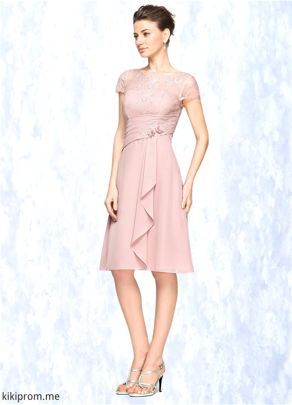 Aurora A-Line Scoop Neck Knee-Length Chiffon Lace Mother of the Bride Dress With Beading Flower(s) Sequins Cascading Ruffles STF126P0014704