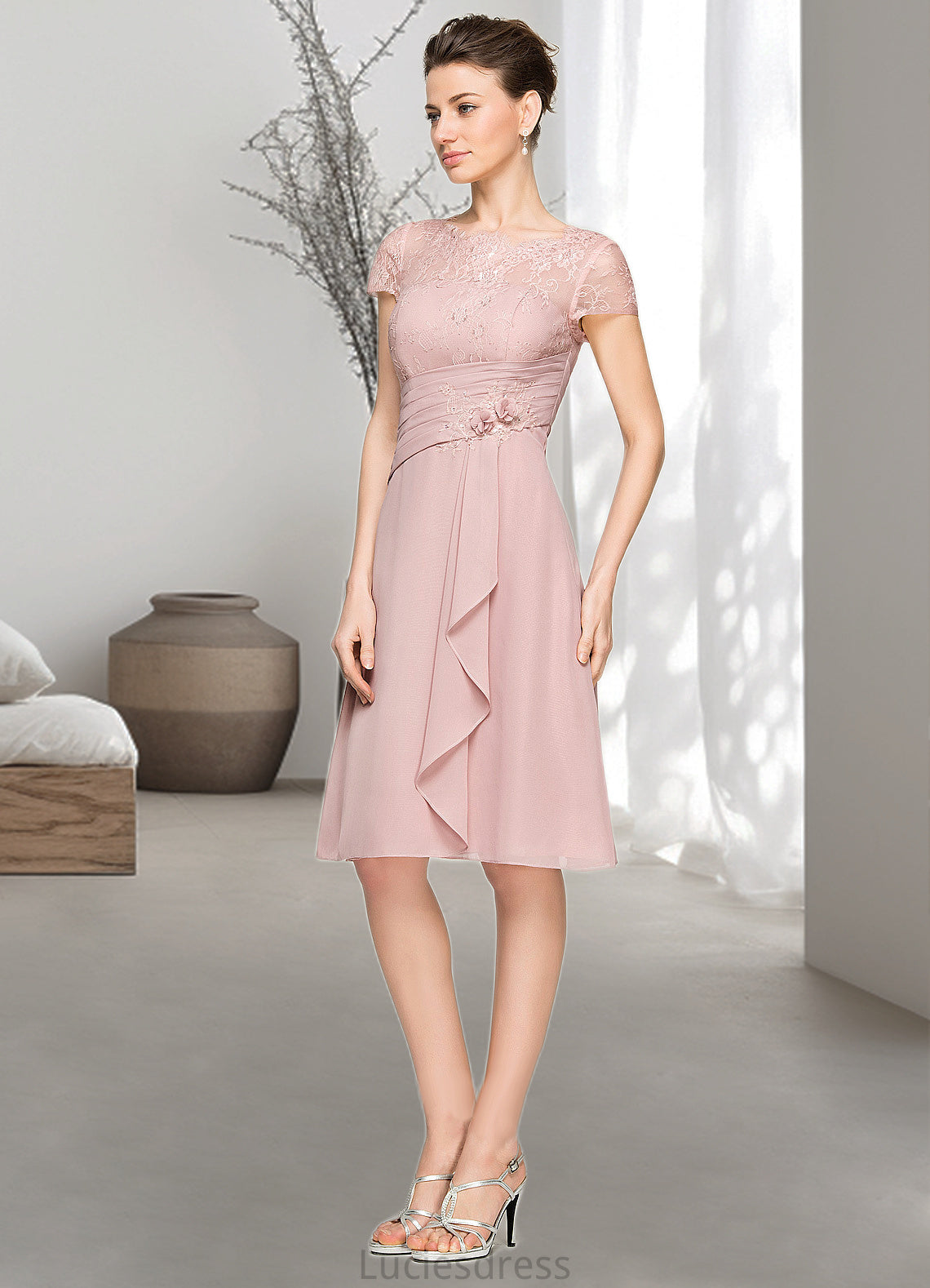 Skylar A-Line Scoop Neck Knee-Length Chiffon Lace Mother of the Bride Dress With Beading Flower(s) Sequins Cascading Ruffles HF126P0014704