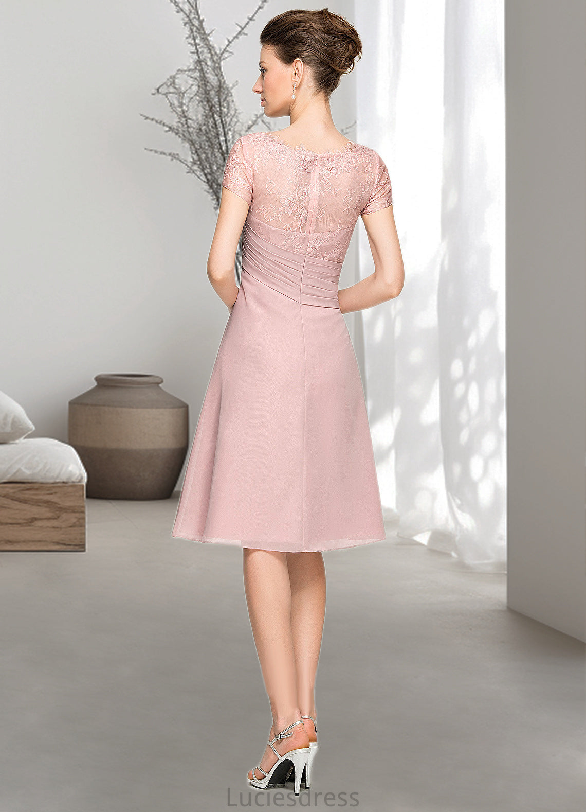 Skylar A-Line Scoop Neck Knee-Length Chiffon Lace Mother of the Bride Dress With Beading Flower(s) Sequins Cascading Ruffles HF126P0014704