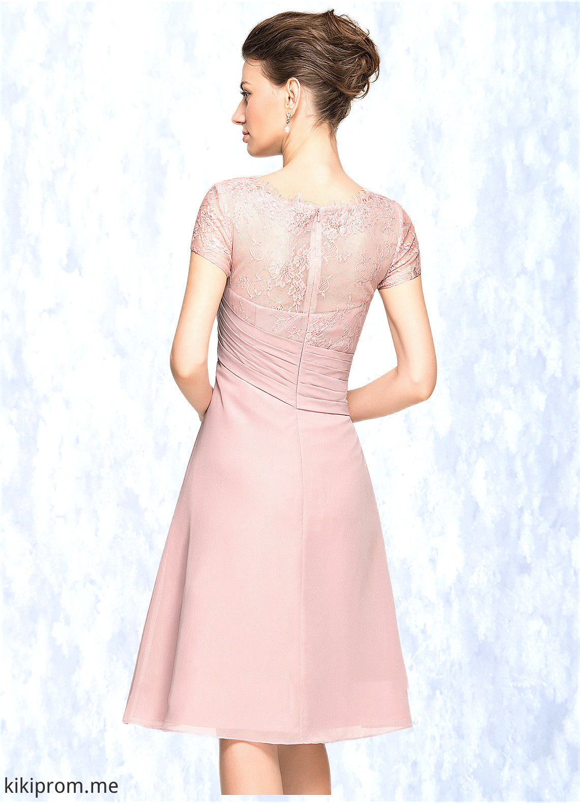 Aurora A-Line Scoop Neck Knee-Length Chiffon Lace Mother of the Bride Dress With Beading Flower(s) Sequins Cascading Ruffles STF126P0014704