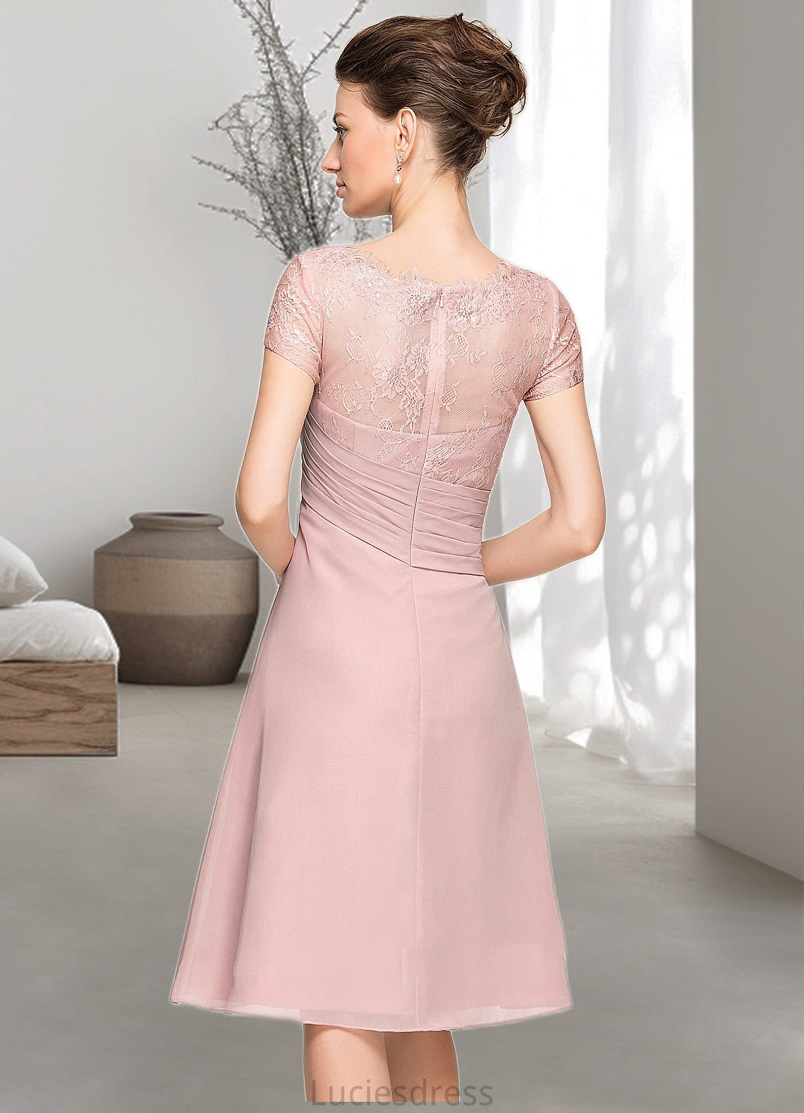 Skylar A-Line Scoop Neck Knee-Length Chiffon Lace Mother of the Bride Dress With Beading Flower(s) Sequins Cascading Ruffles HF126P0014704