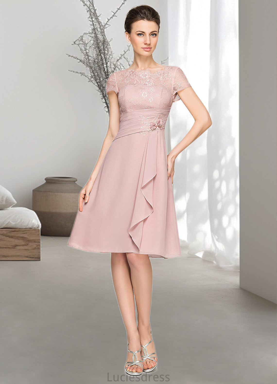 Skylar A-Line Scoop Neck Knee-Length Chiffon Lace Mother of the Bride Dress With Beading Flower(s) Sequins Cascading Ruffles HF126P0014704