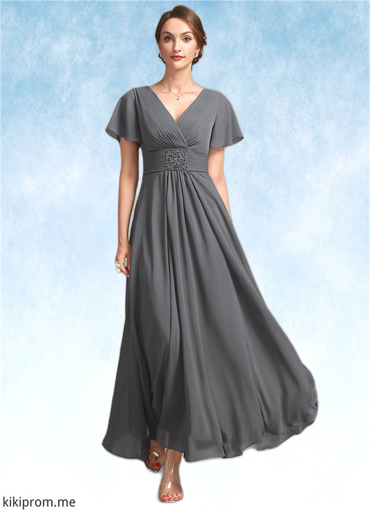 Kaya A-Line V-neck Ankle-Length Chiffon Mother of the Bride Dress With Ruffle Beading STF126P0014709