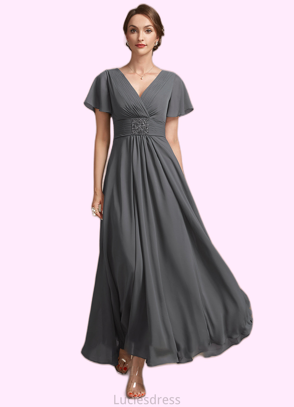 Kylie A-Line V-neck Ankle-Length Chiffon Mother of the Bride Dress With Ruffle Beading HF126P0014709