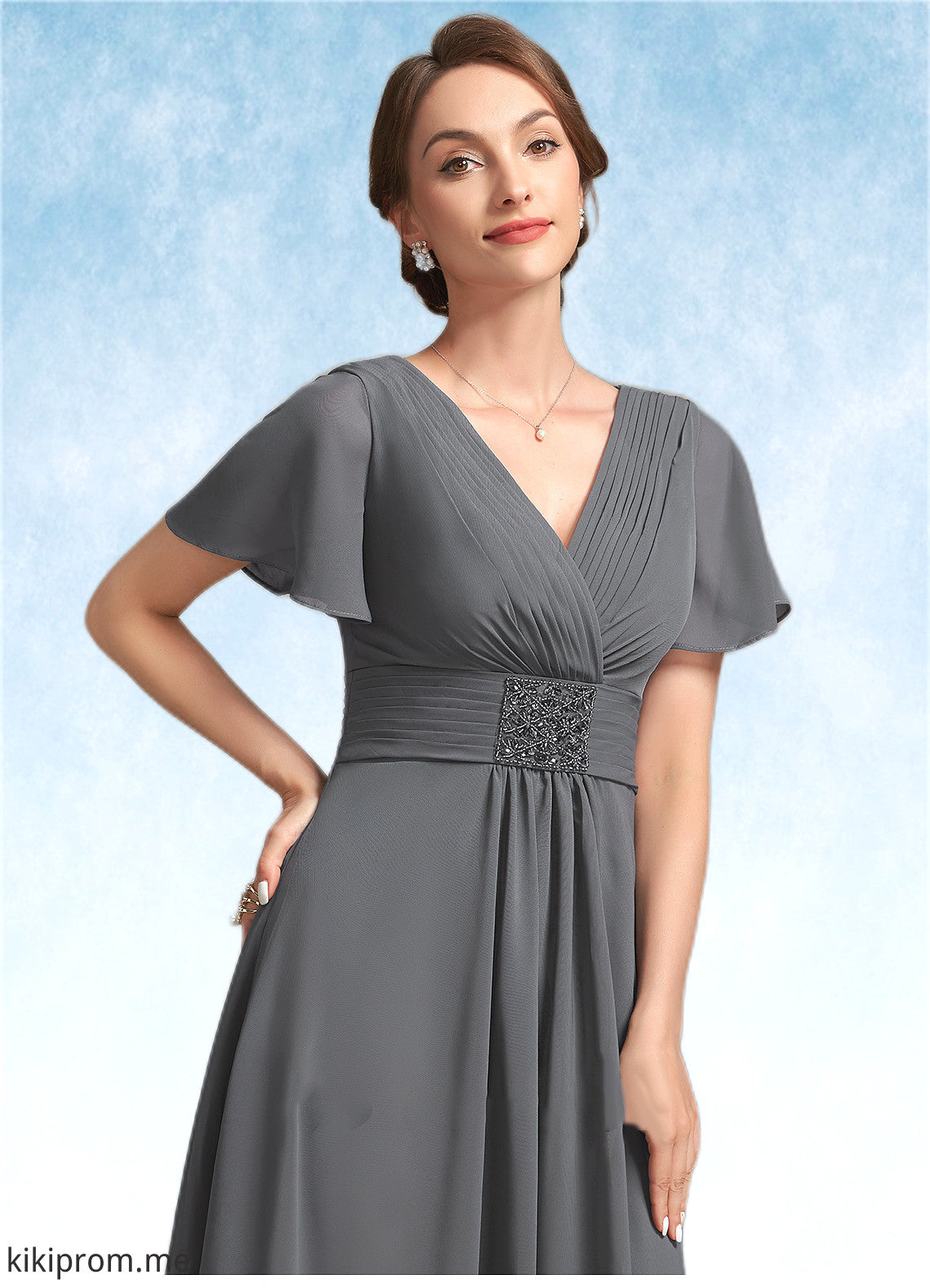 Kaya A-Line V-neck Ankle-Length Chiffon Mother of the Bride Dress With Ruffle Beading STF126P0014709