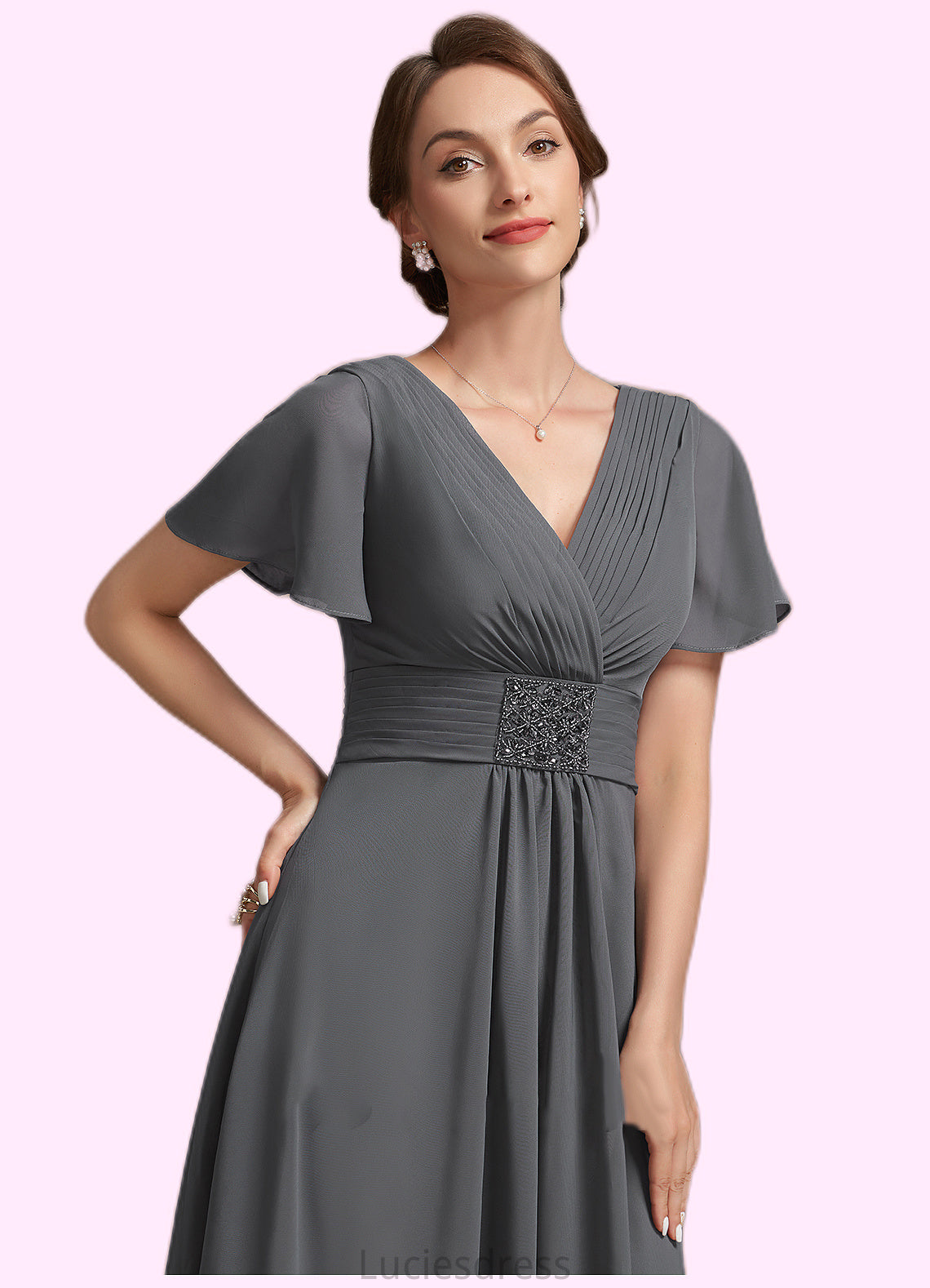 Kylie A-Line V-neck Ankle-Length Chiffon Mother of the Bride Dress With Ruffle Beading HF126P0014709