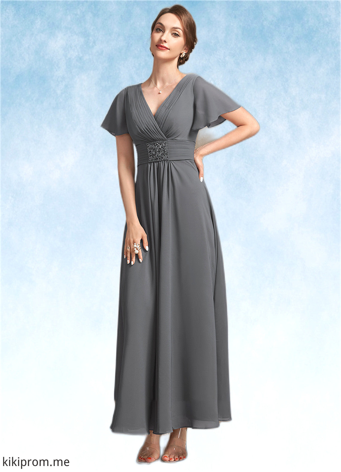 Kaya A-Line V-neck Ankle-Length Chiffon Mother of the Bride Dress With Ruffle Beading STF126P0014709