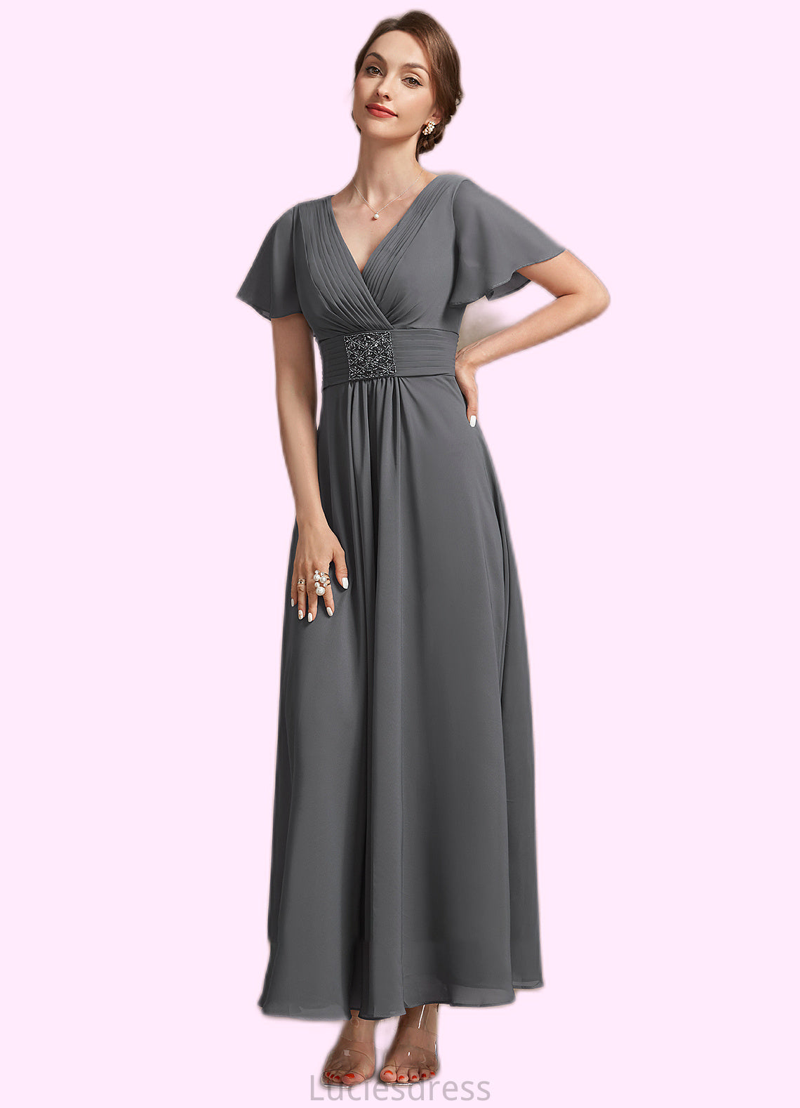 Kylie A-Line V-neck Ankle-Length Chiffon Mother of the Bride Dress With Ruffle Beading HF126P0014709