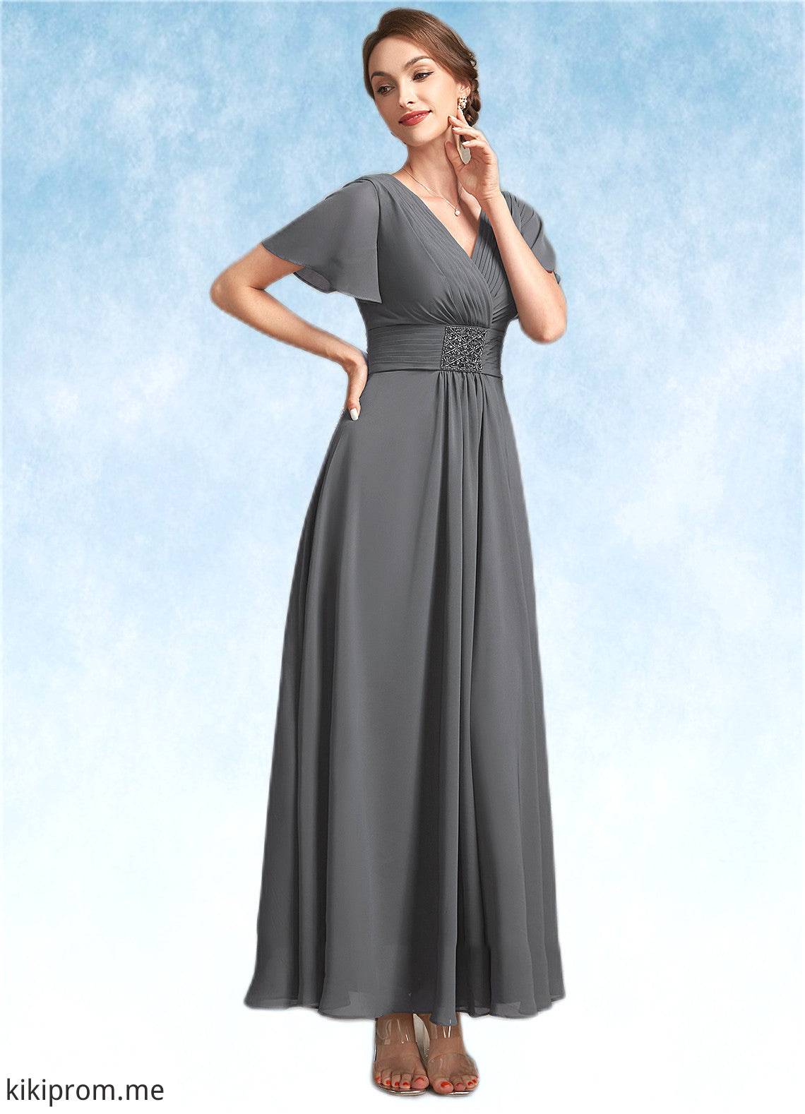 Kaya A-Line V-neck Ankle-Length Chiffon Mother of the Bride Dress With Ruffle Beading STF126P0014709