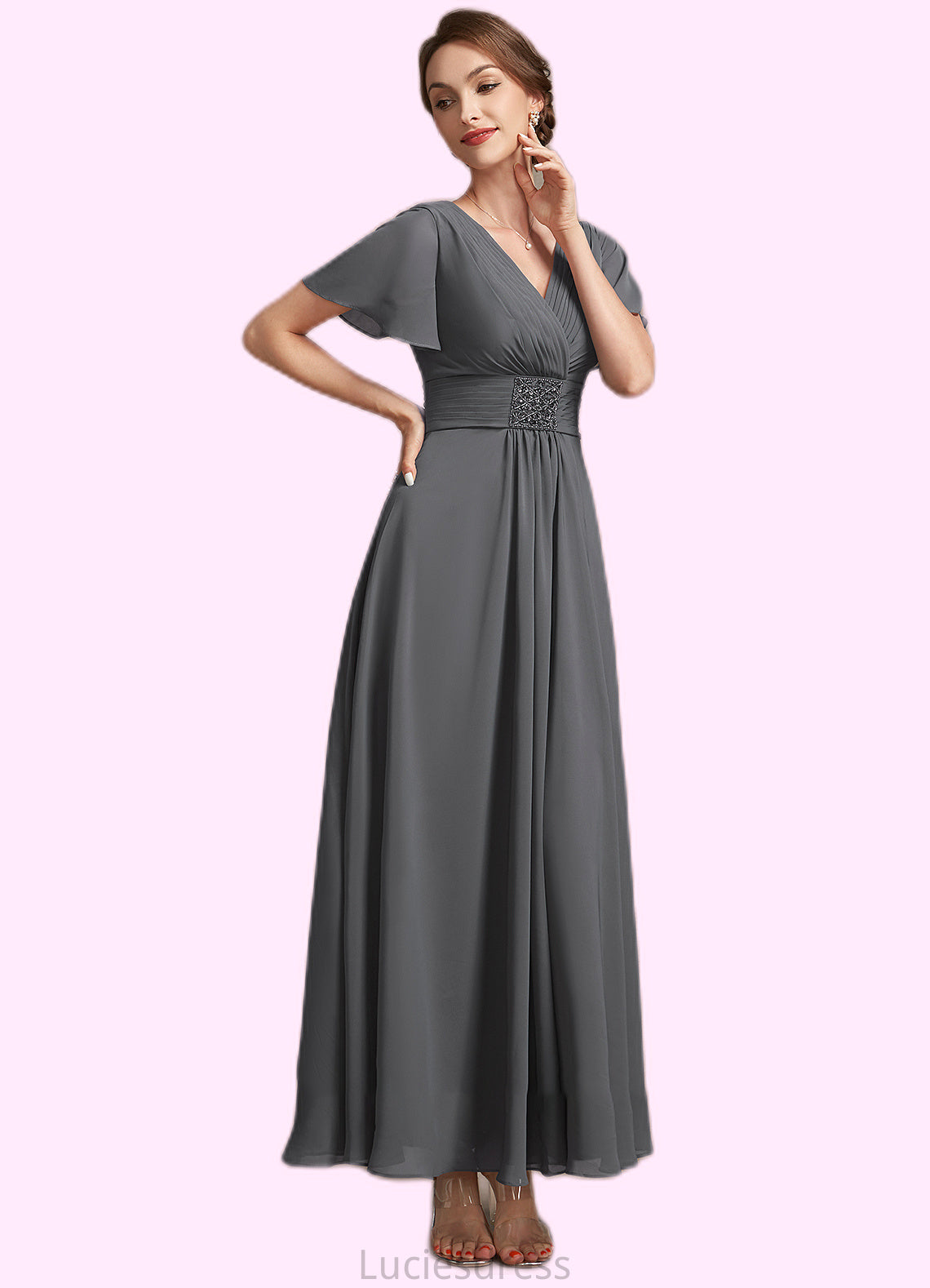 Kylie A-Line V-neck Ankle-Length Chiffon Mother of the Bride Dress With Ruffle Beading HF126P0014709