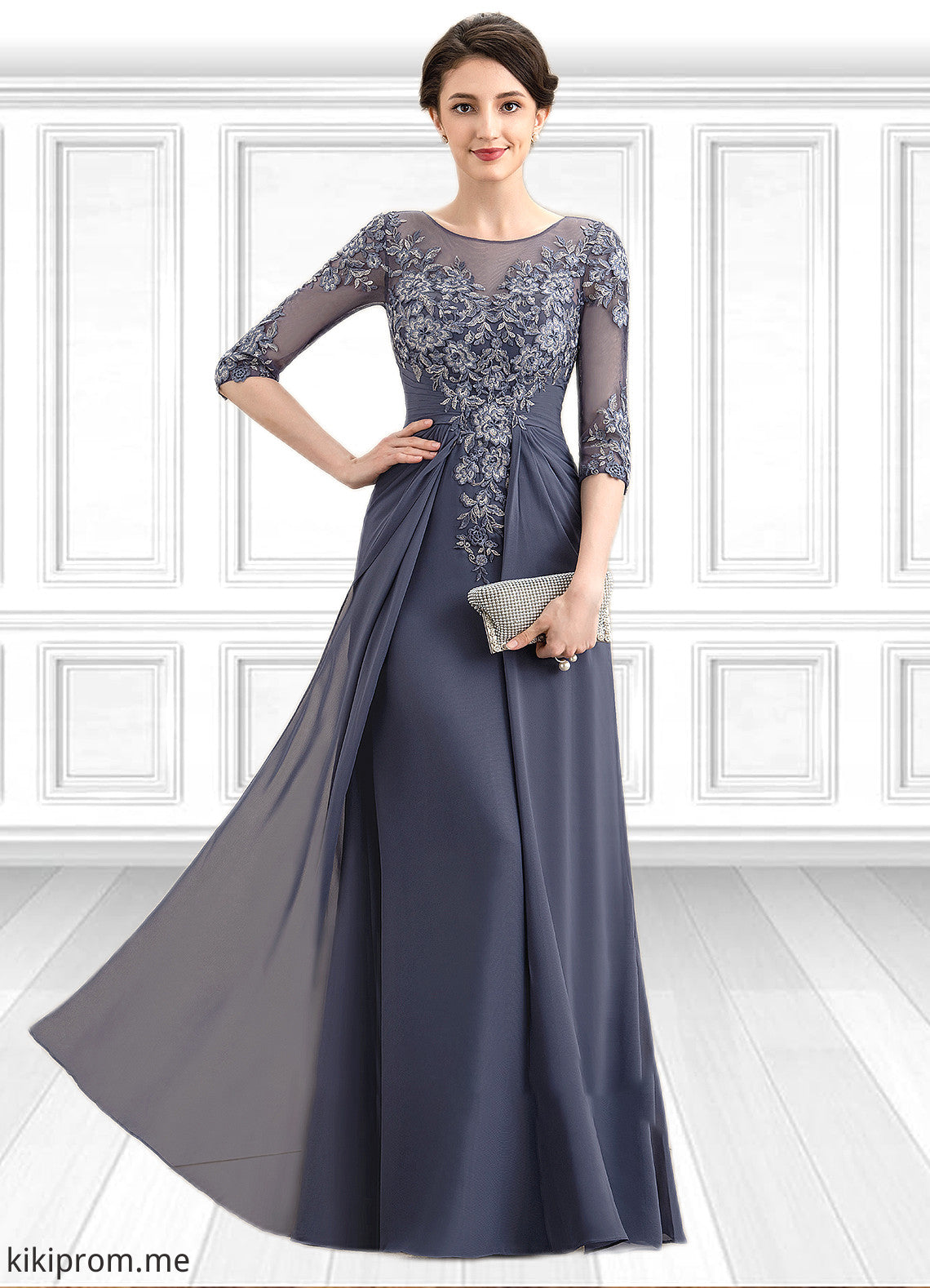 Victoria A-Line Scoop Neck Floor-Length Chiffon Lace Mother of the Bride Dress STF126P0014712