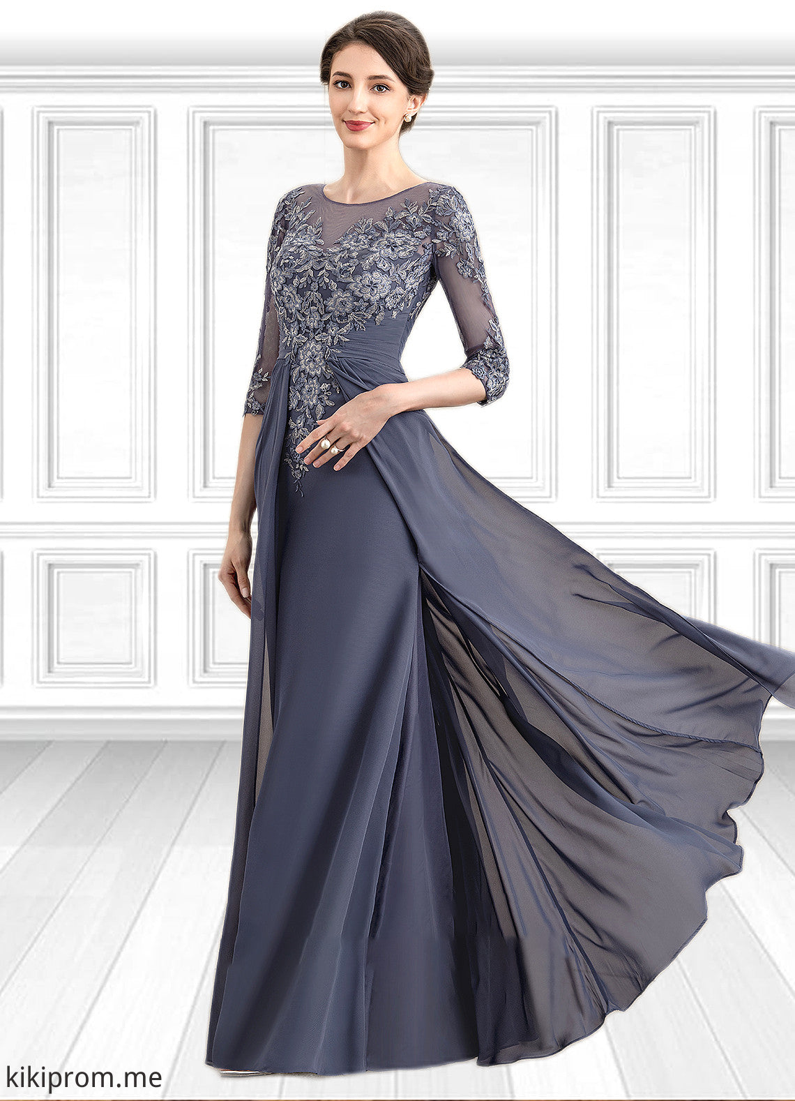 Victoria A-Line Scoop Neck Floor-Length Chiffon Lace Mother of the Bride Dress STF126P0014712